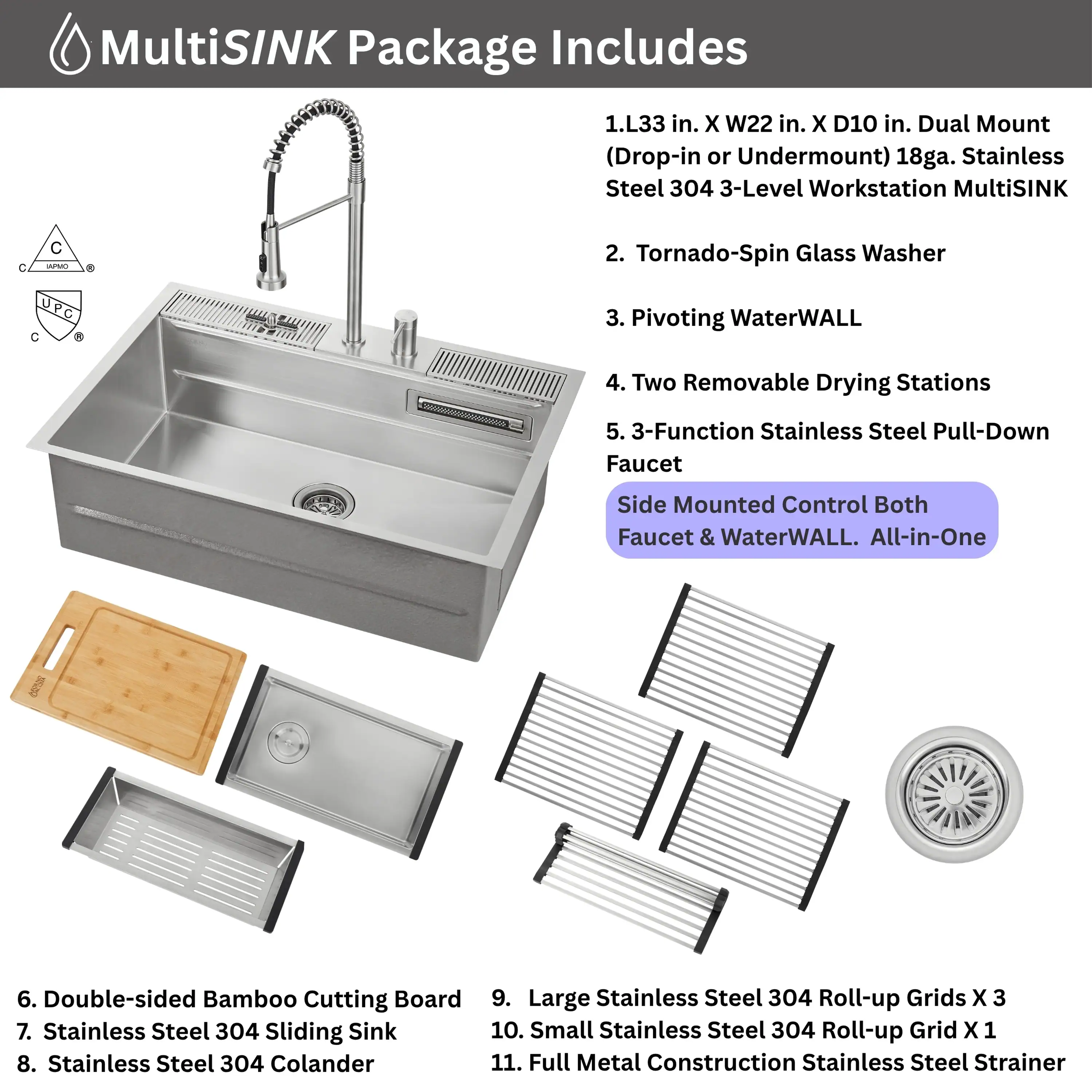 Forno Acqua 33-Inch Drop-In/Undermount 3-Level Workstation Sink with Faucet, Waterfall & Glass Rinser (E-ZP31) - Image 15