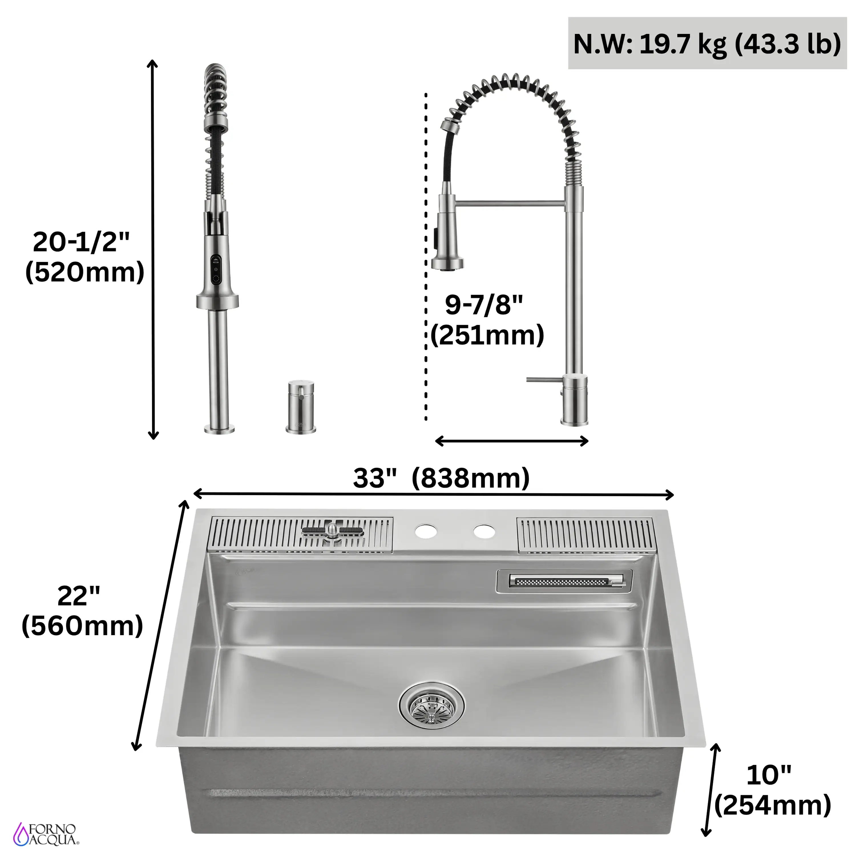Forno Acqua 33-Inch Drop-In/Undermount 3-Level Workstation Sink with Faucet, Waterfall & Glass Rinser (E-ZP31) - Image 16