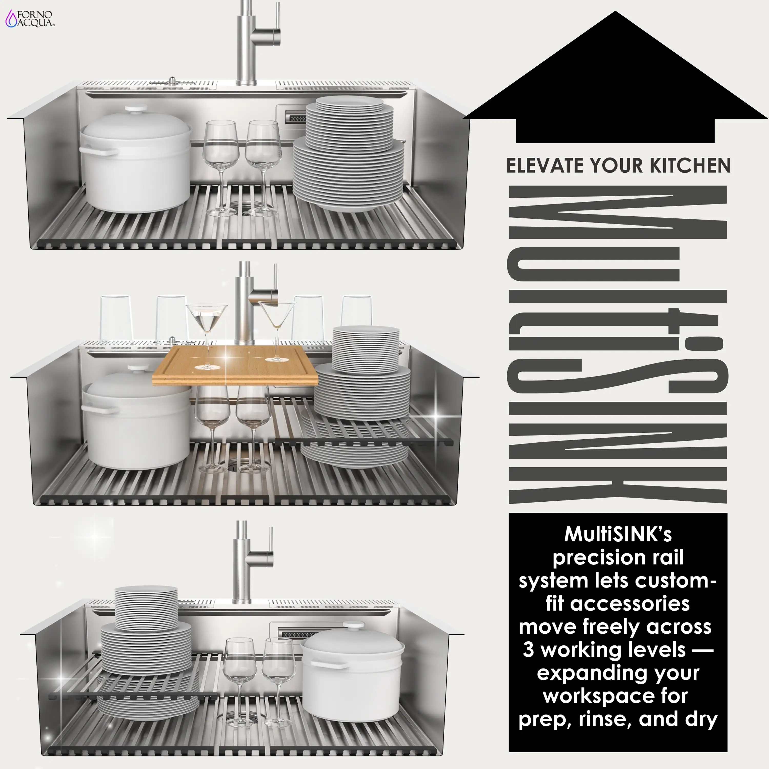 Forno Acqua 33-Inch Drop-In/Undermount 3-Level Workstation Sink with Faucet, Waterfall & Glass Rinser (E-ZP31) - Image 4