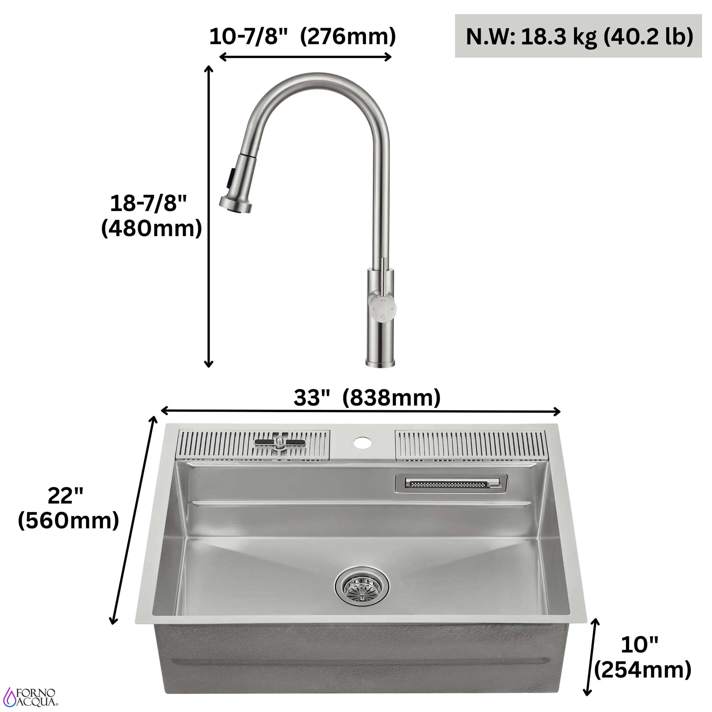 Forno Acqua 33-Inch Drop-In/Undermount 3-Level Workstation with Retractable Faucet & Glass Rinser (D-ZP30) - Image 17
