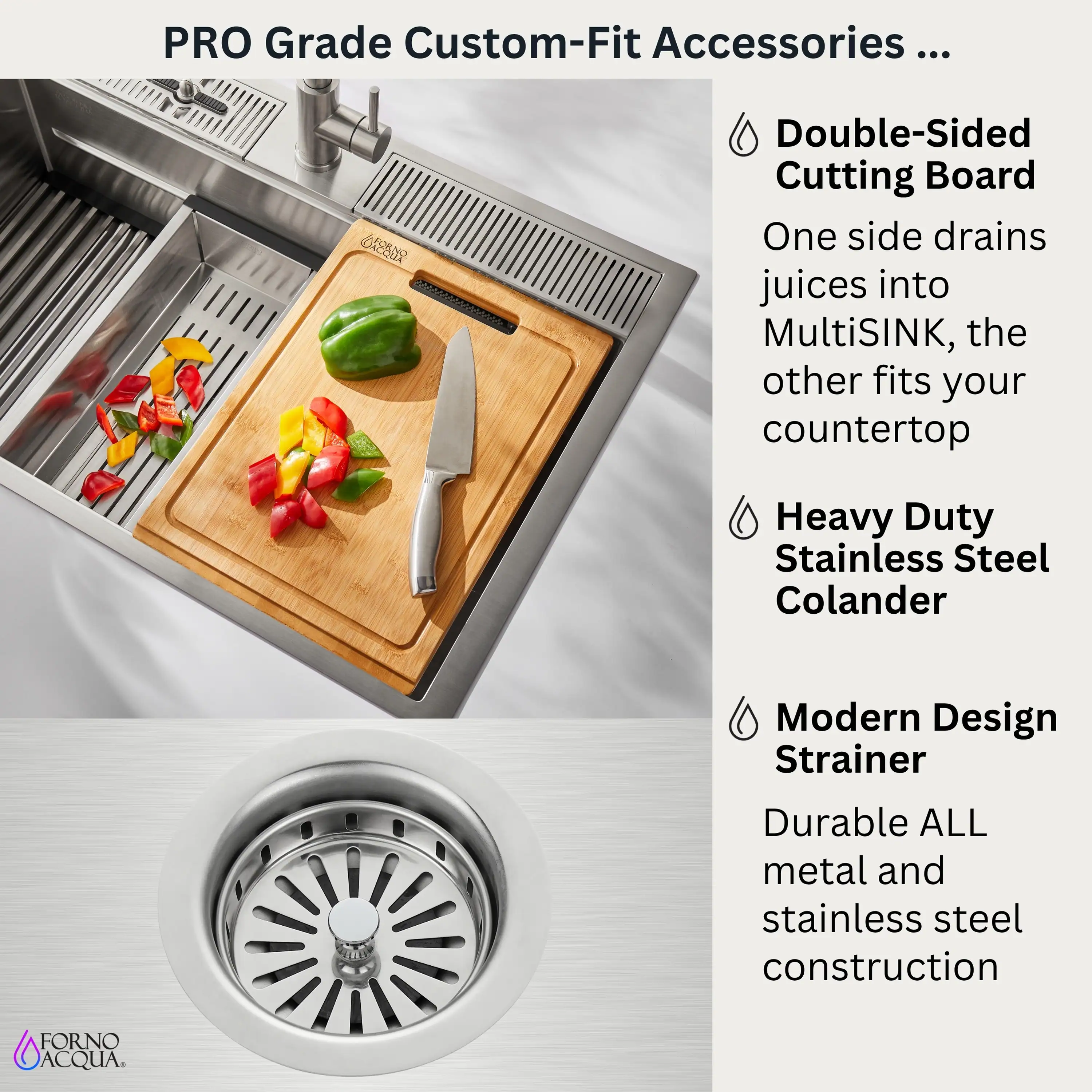 Forno Acqua 33-Inch Drop-In/Undermount 3-Level Workstation with Retractable Faucet & Glass Rinser (D-ZP30) - Image 4