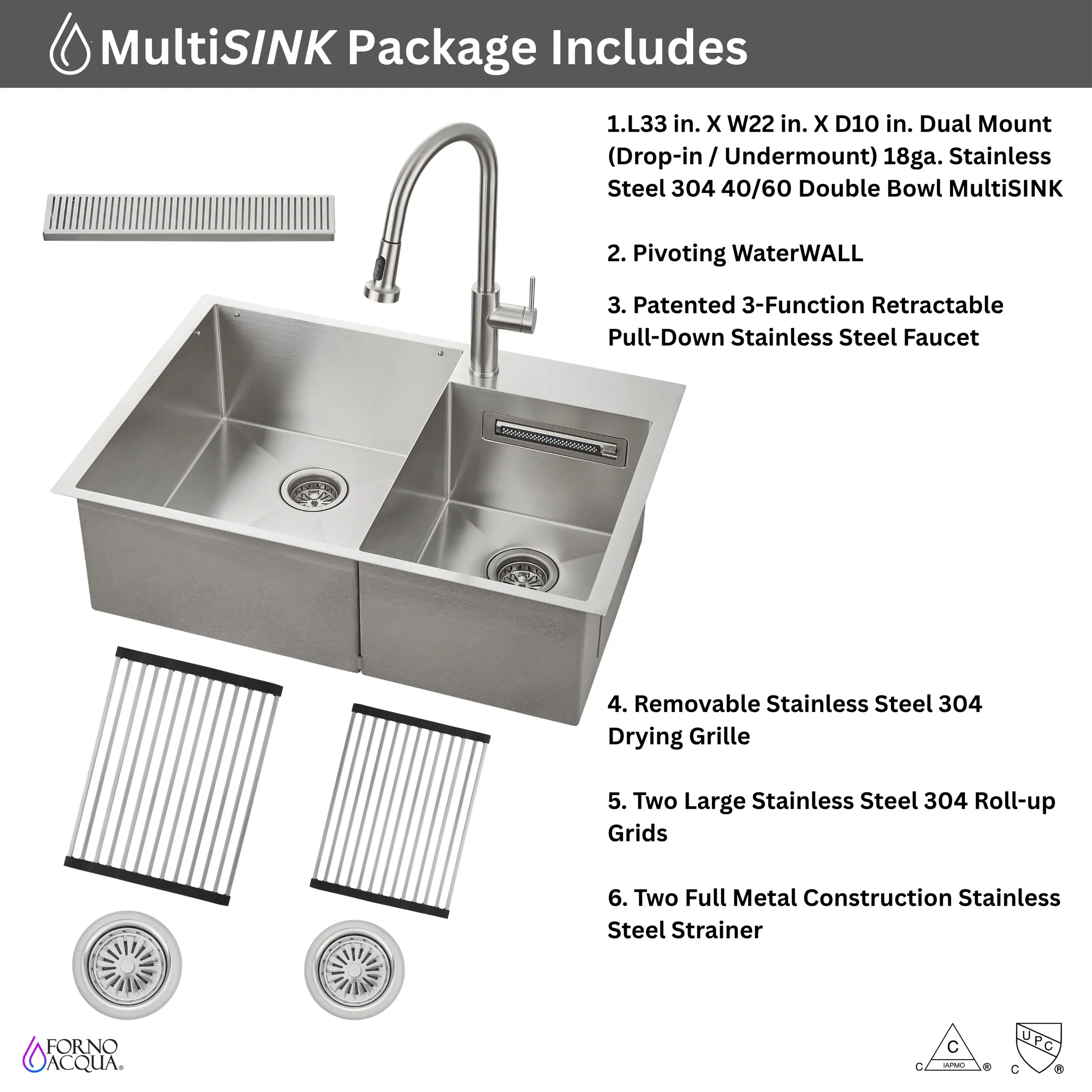 Forno Acqua 33-Inch Drop-In/Undermount 40/60 Double Bowl Sink with Retractable Faucet & Waterfall (H-ZN30) - Image 12