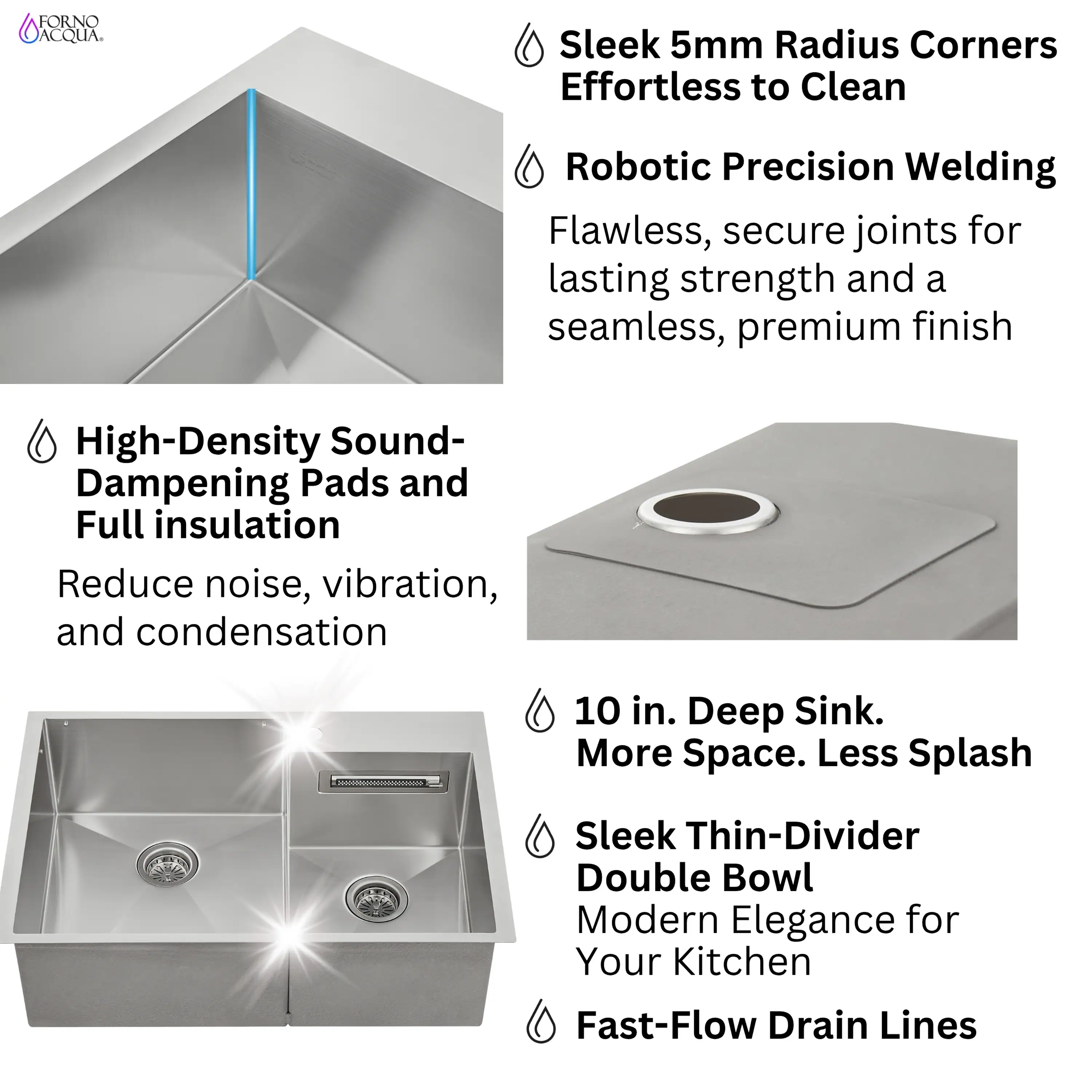 Forno Acqua 33-Inch Drop-In/Undermount 40/60 Double Bowl Sink with Retractable Faucet & Waterfall (H-ZN30) - Image 13
