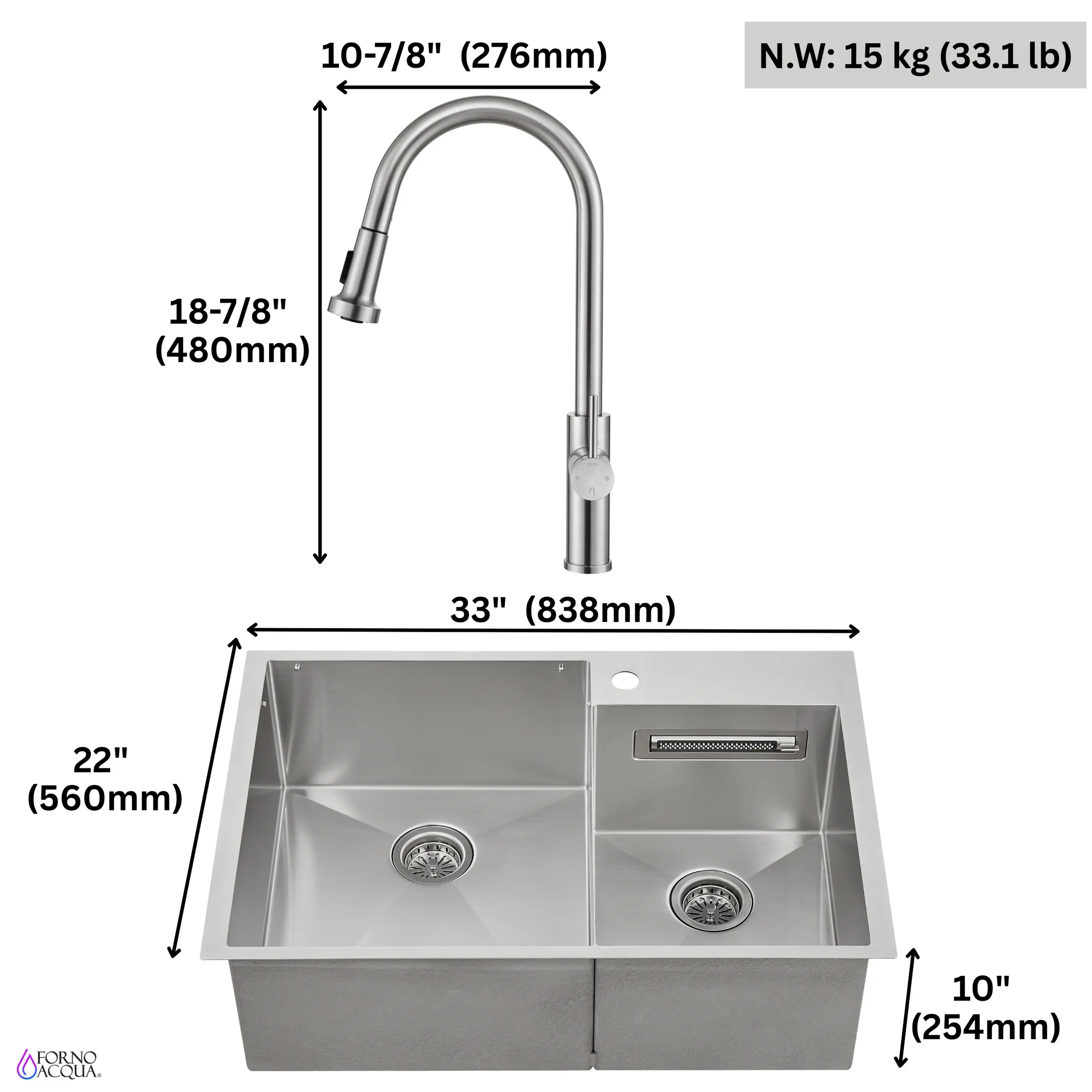 Forno Acqua 33-Inch Drop-In/Undermount 40/60 Double Bowl Sink with Retractable Faucet & Waterfall (H-ZN30) - Image 14