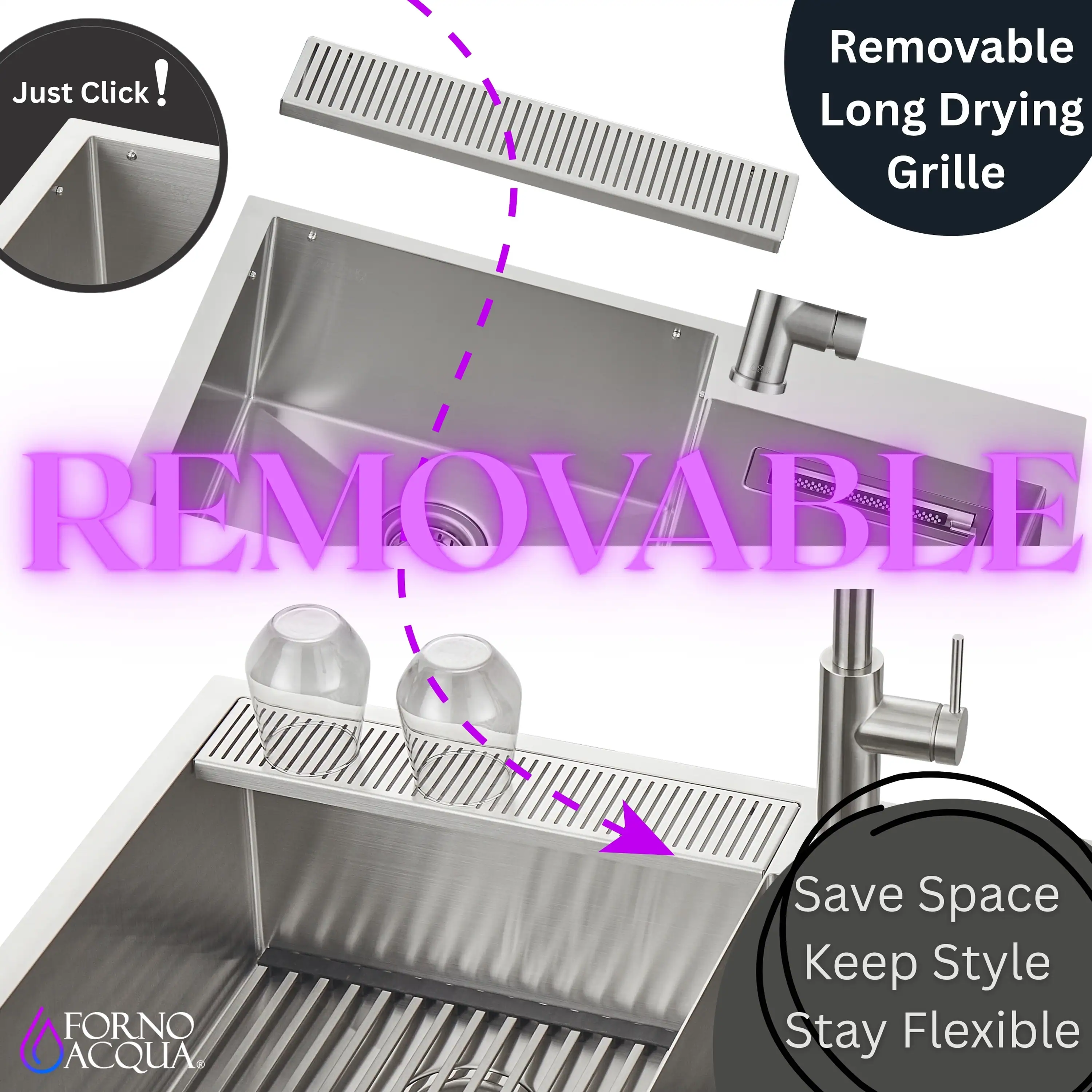 Forno Acqua 33-Inch Drop-In/Undermount 40/60 Double Bowl Sink with Retractable Faucet & Waterfall (H-ZN30) - Image 6