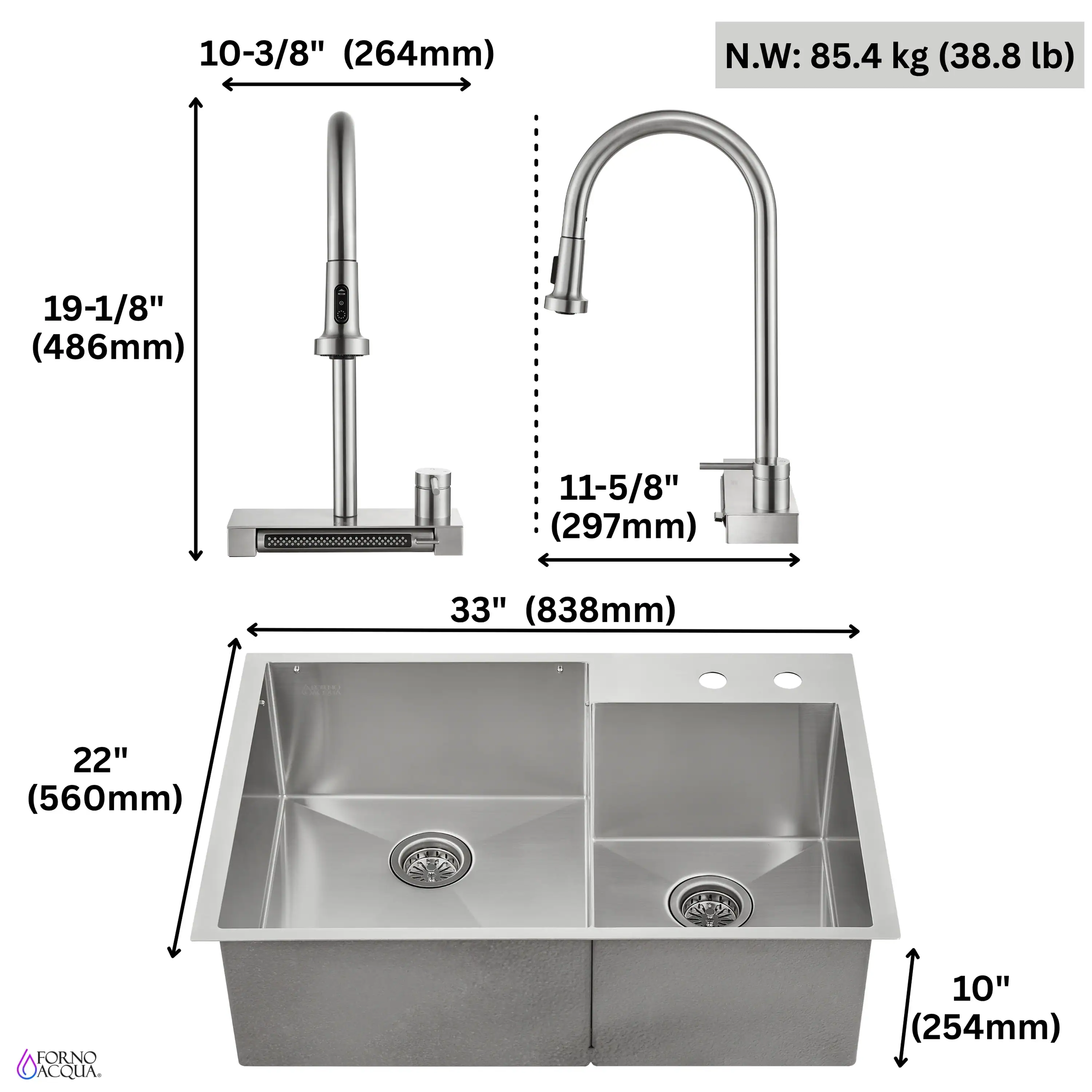 Forno Acqua 33-Inch Drop-In/Undermount 40/60 Double Bowl Stainless Steel Sink with Waterfall Faucet (H-XN30) - Image 10