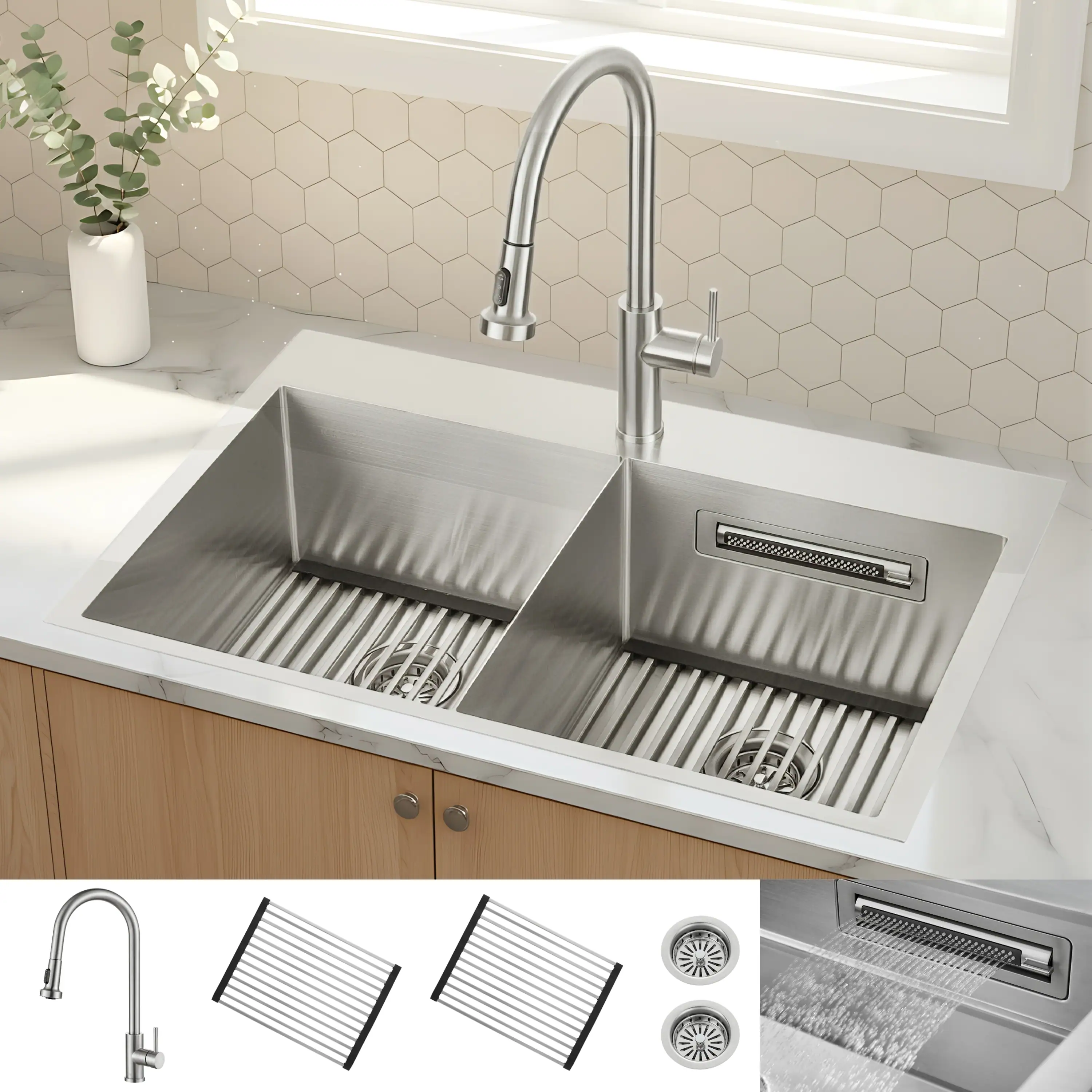 Forno Acqua 33-Inch Drop-In/Undermount 40/60 Double Bowl Stainless Steel Sink with Waterfall Faucet (H-XN30) - Image 11