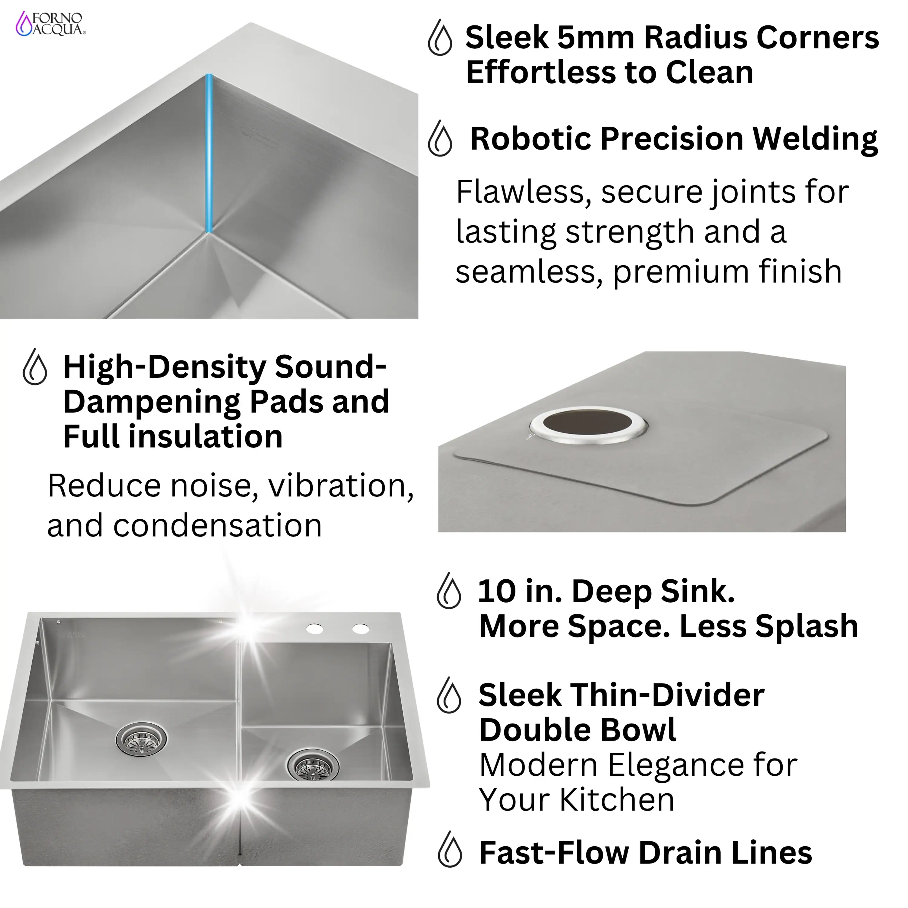 Forno Acqua 33-Inch Drop-In/Undermount 40/60 Double Bowl Stainless Steel Sink with Waterfall Faucet (H-XN30) - Image 8