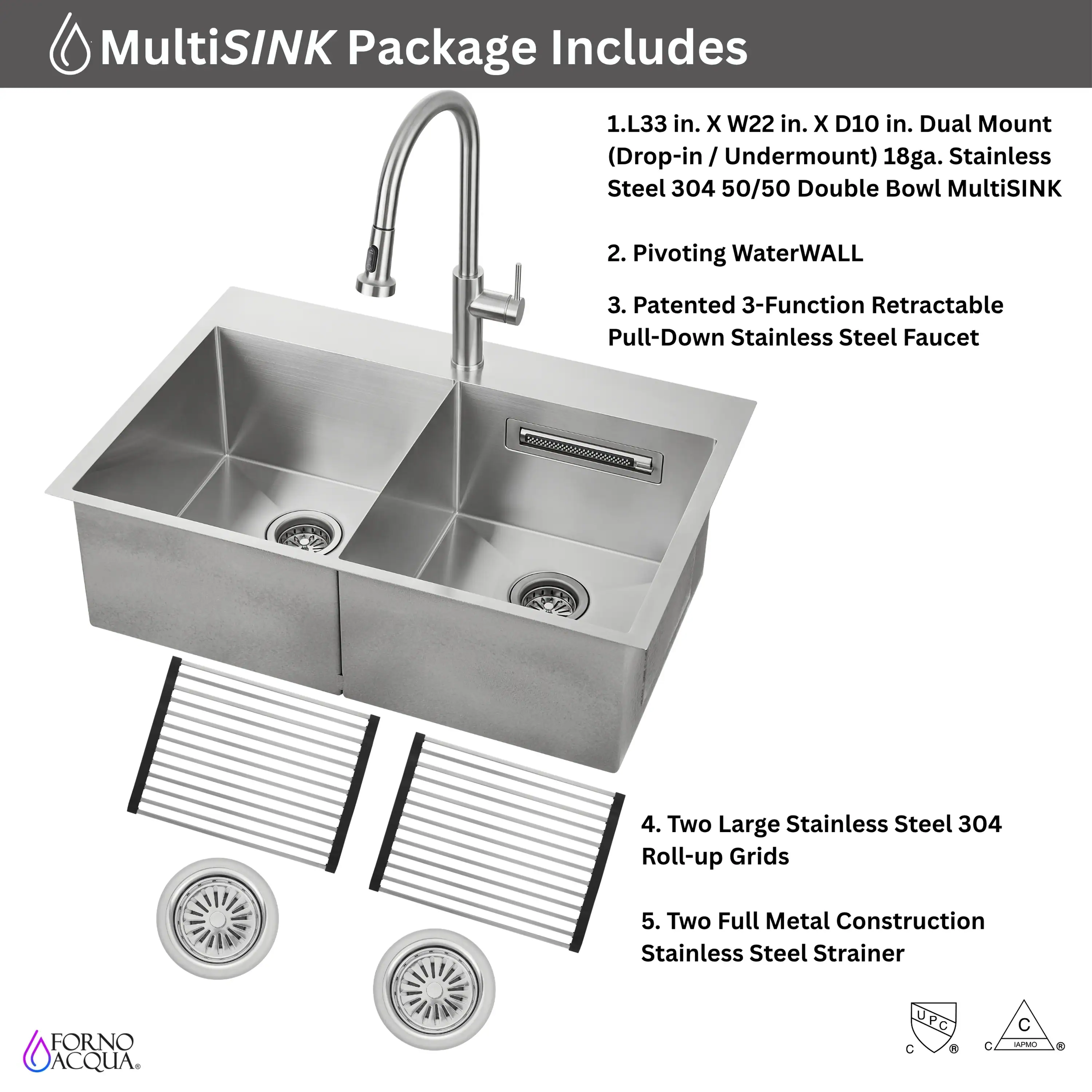 Forno Acqua 33-Inch Drop-In/Undermount 50/50 Double Bowl Stainless Steel Sink with Faucet & Waterfall (G-ZN30) - Image 10