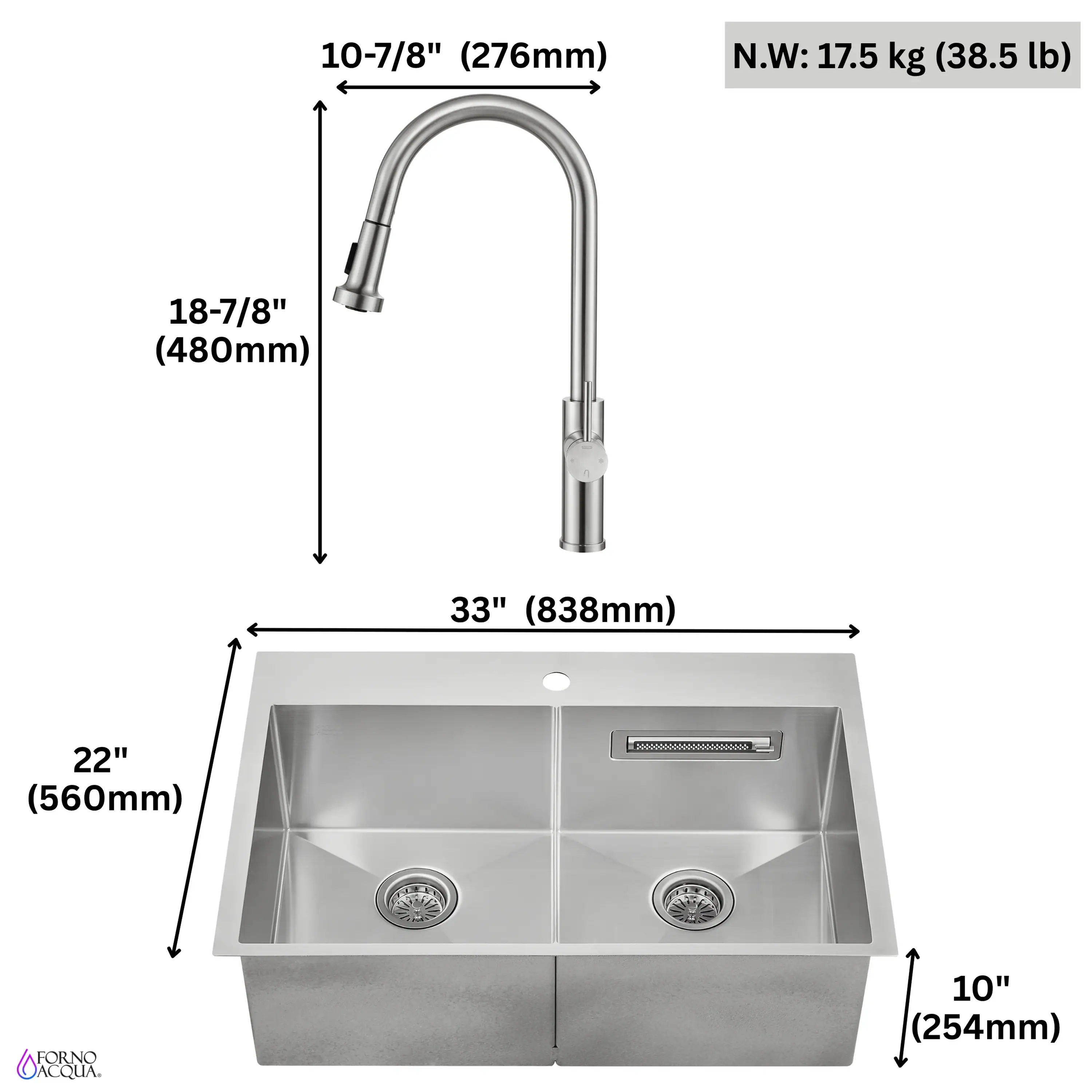 Forno Acqua 33-Inch Drop-In/Undermount 50/50 Double Bowl Stainless Steel Sink with Faucet & Waterfall (G-ZN30) - Image 11