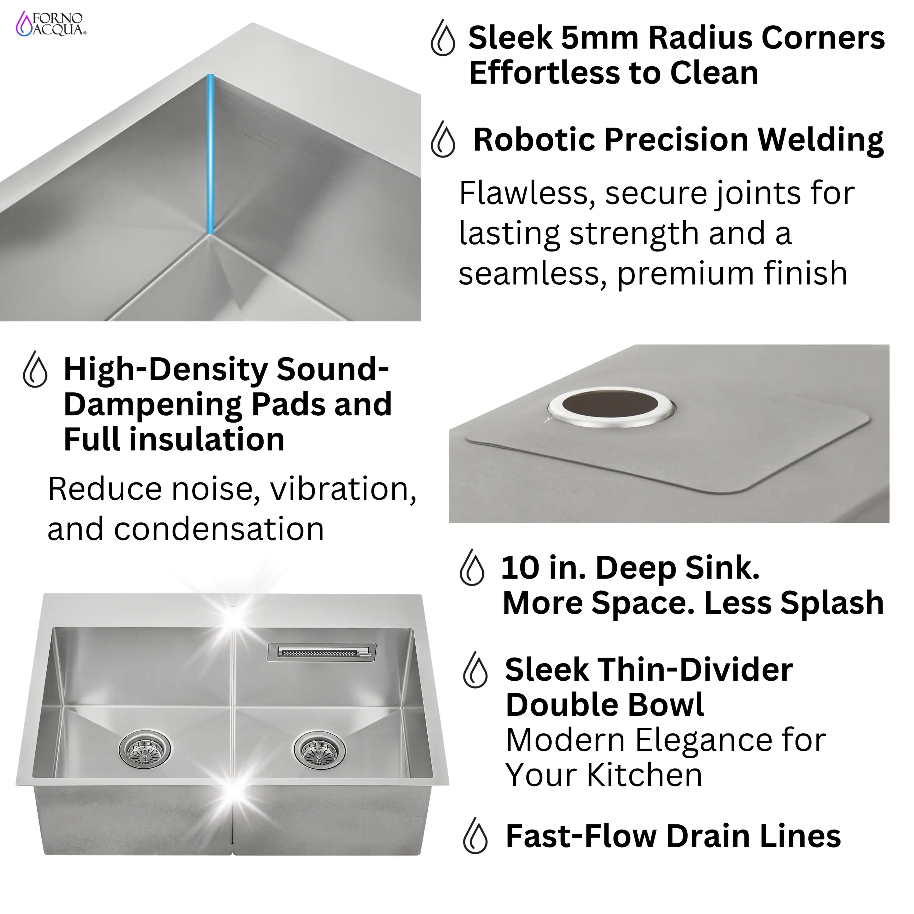Forno Acqua 33-Inch Drop-In/Undermount 50/50 Double Bowl Stainless Steel Sink with Faucet & Waterfall (G-ZN30) - Image 8