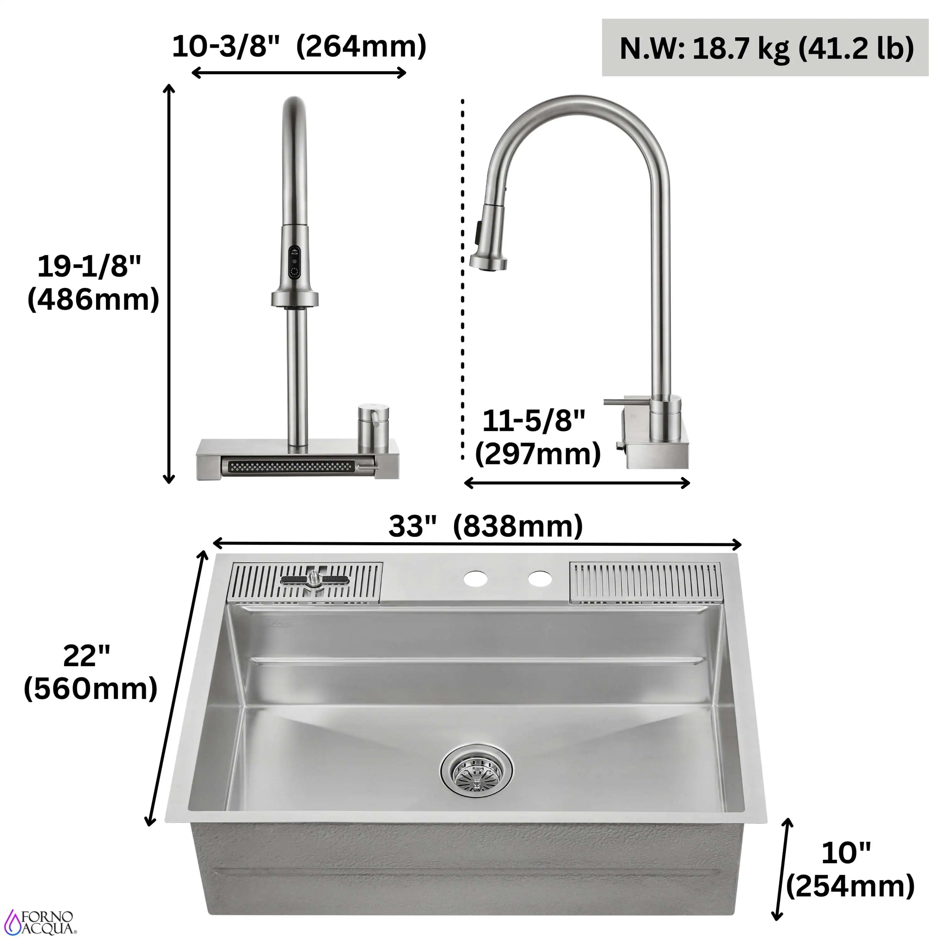 Forno Acqua 33-Inch Drop-In/Undermount MultiSINK Workstation Sink with Waterfall Faucet & Glass Rinser (E-XP30) - Image 15