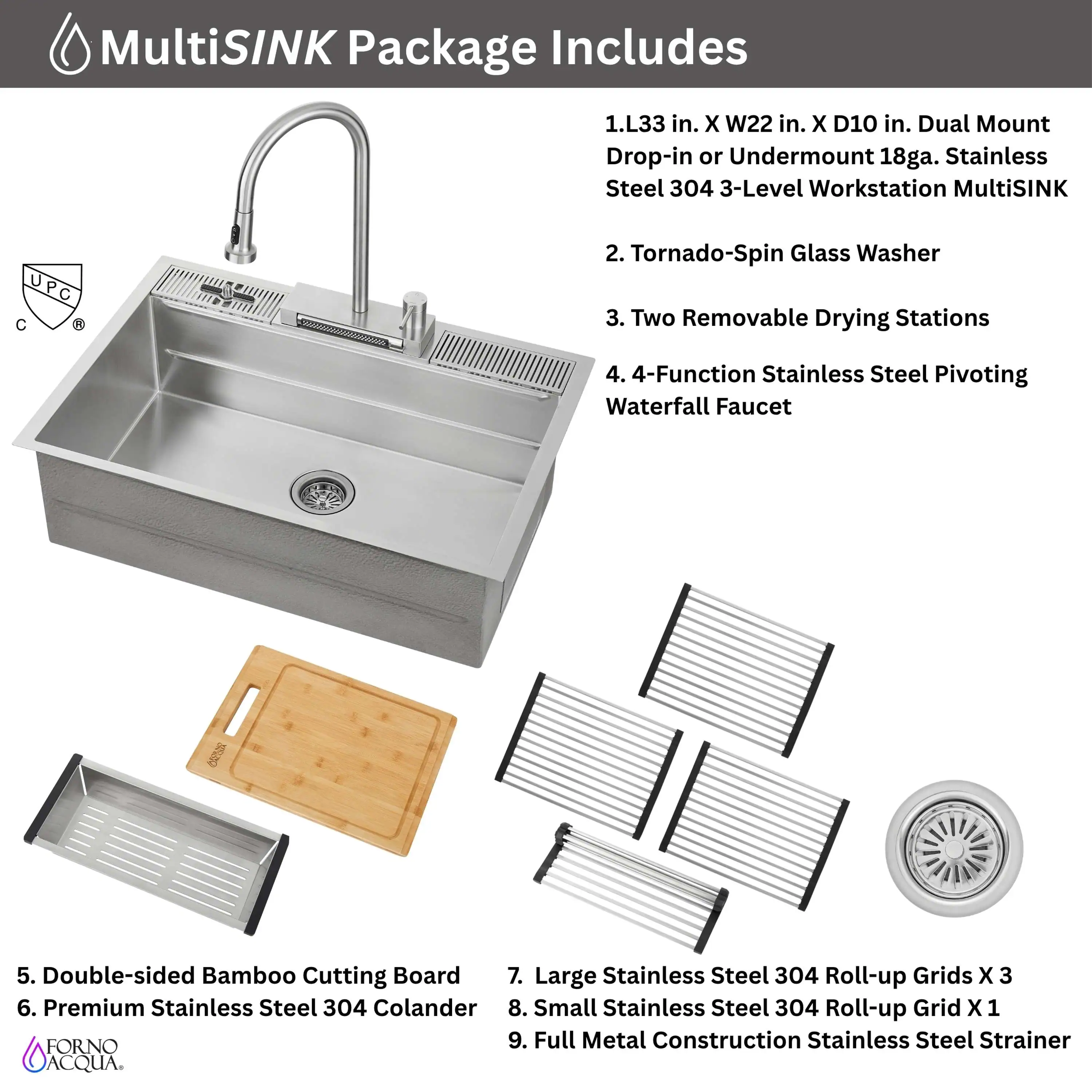 Forno Acqua 33-Inch Drop-In/Undermount MultiSINK Workstation Sink with Waterfall Faucet & Glass Rinser (E-XP30) - Image 3