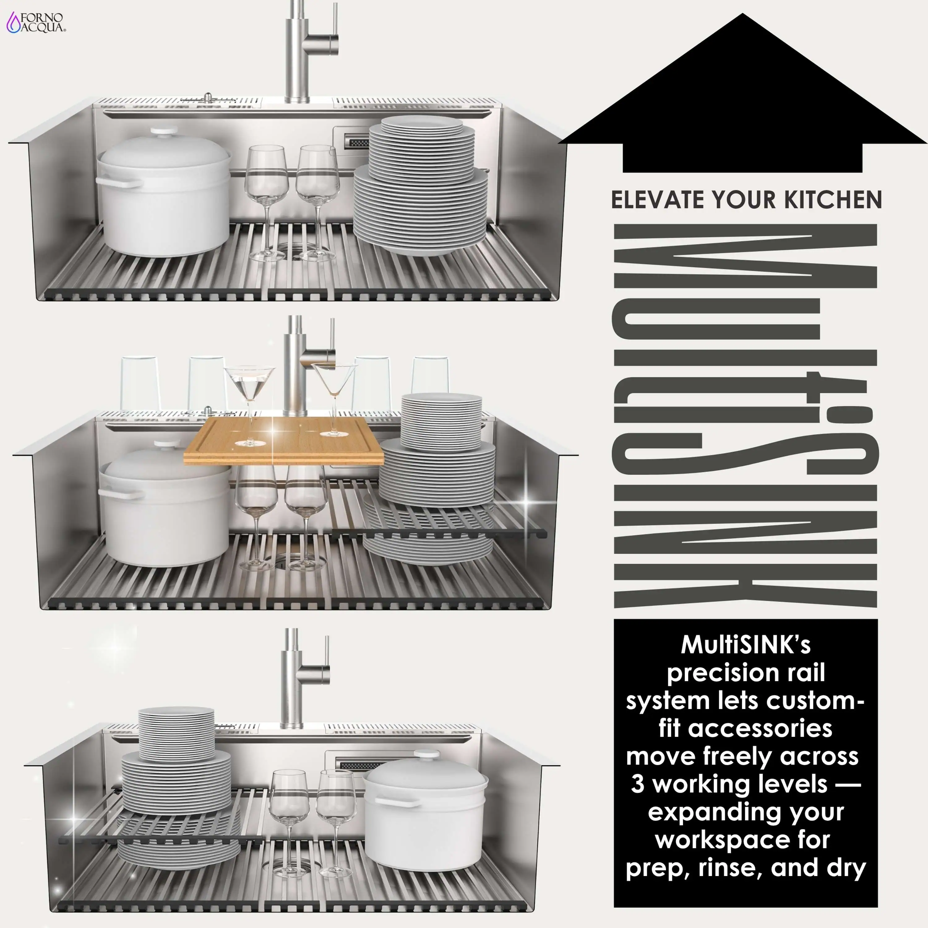 Forno Acqua 33-Inch Drop-In/Undermount MultiSINK Workstation Sink with Waterfall Faucet & Glass Rinser (E-XP30) - Image 9
