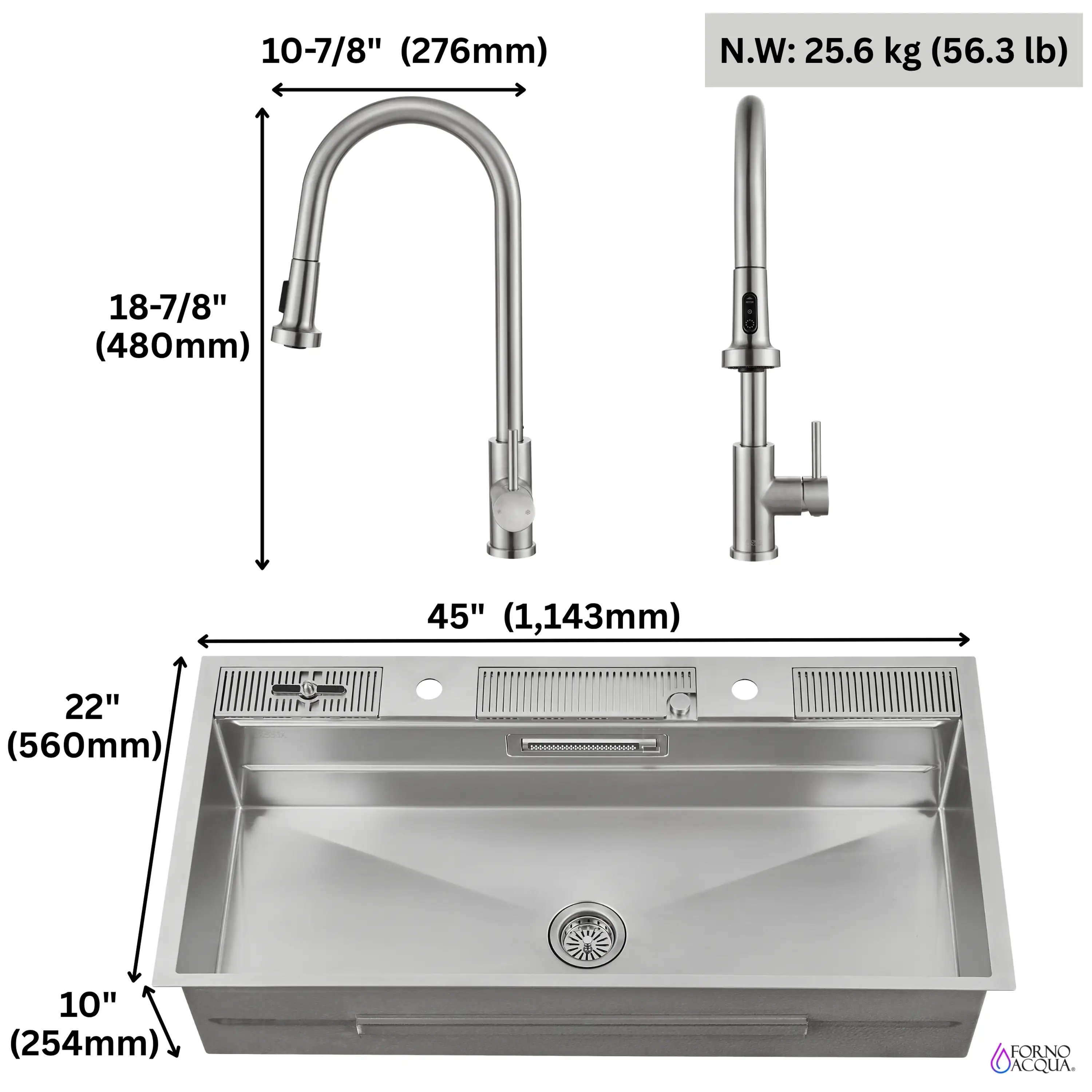 Forno Acqua 45-Inch Drop-In/Undermount 3-Level Workstation Sink with Two Faucets & Glass Rinser (J-WP30) - Image 18