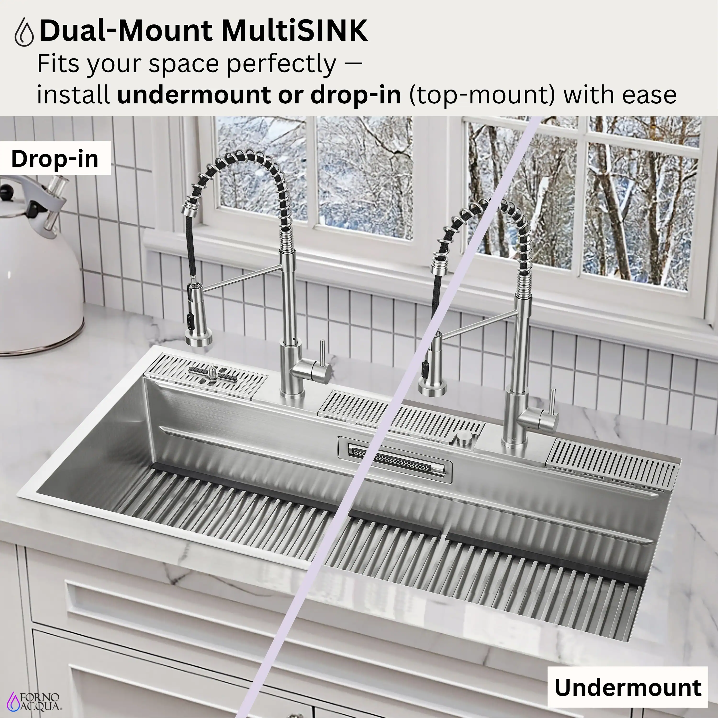 Forno Acqua 45-Inch Drop-In/Undermount 3-Level Workstation Sink with Two Faucets & Glass Rinser (J-WP31) - Image 15