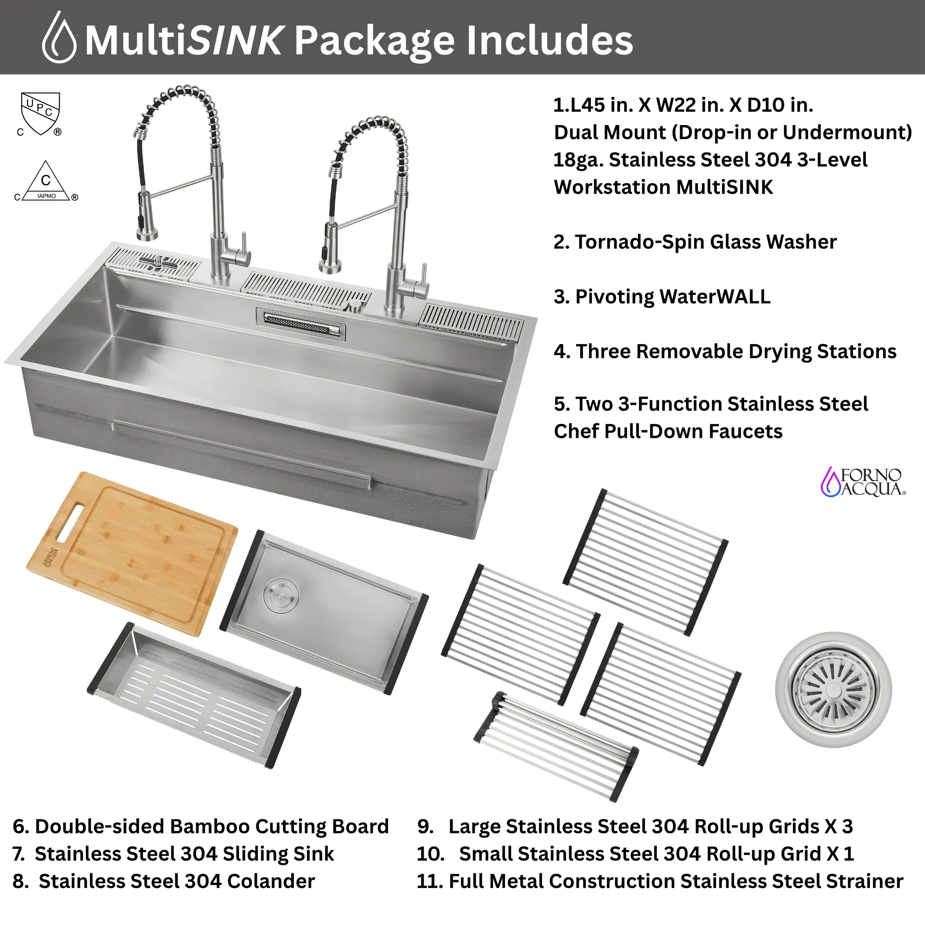 Forno Acqua 45-Inch Drop-In/Undermount 3-Level Workstation Sink with Two Faucets & Glass Rinser (J-WP31) - Image 16