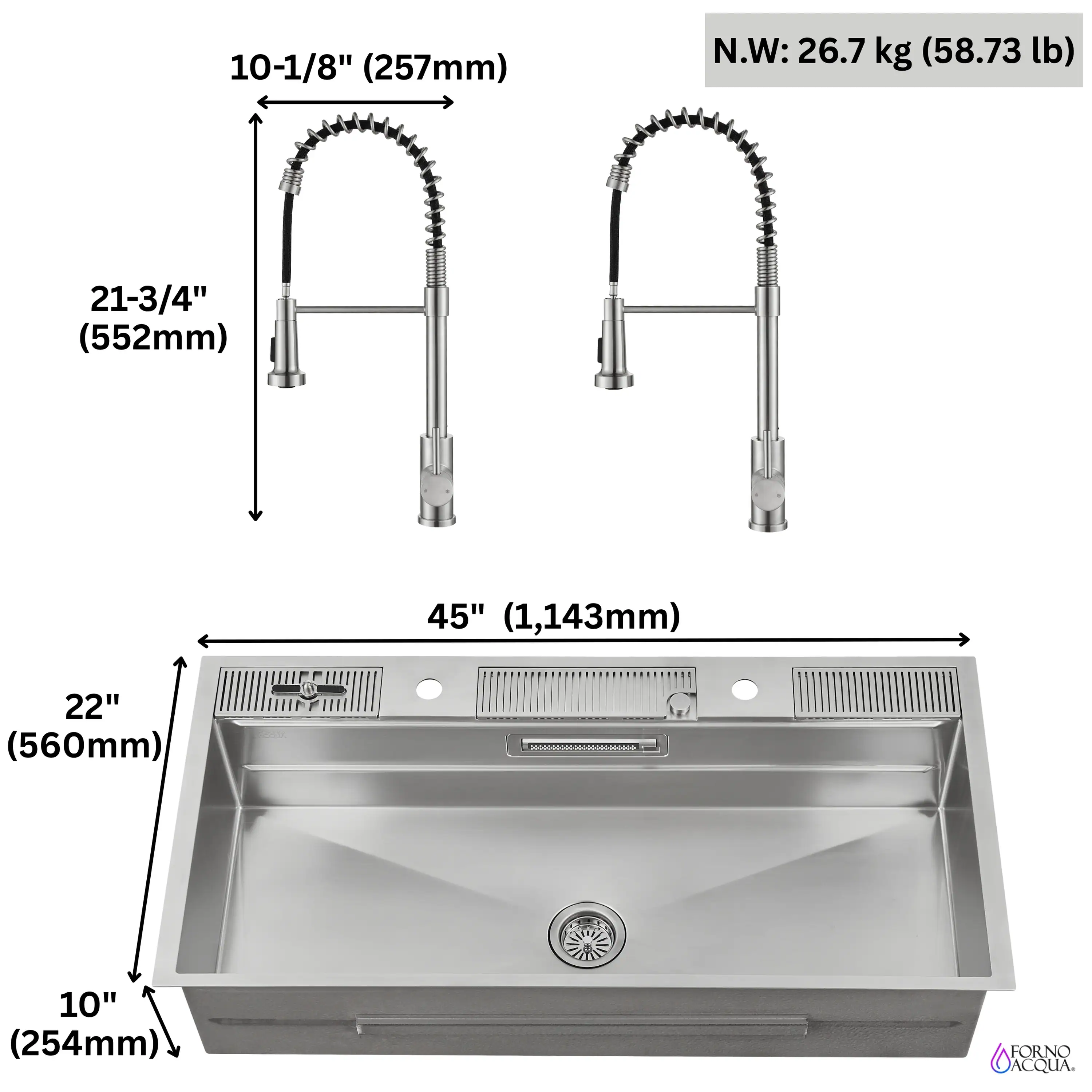 Forno Acqua 45-Inch Drop-In/Undermount 3-Level Workstation Sink with Two Faucets & Glass Rinser (J-WP31) - Image 17