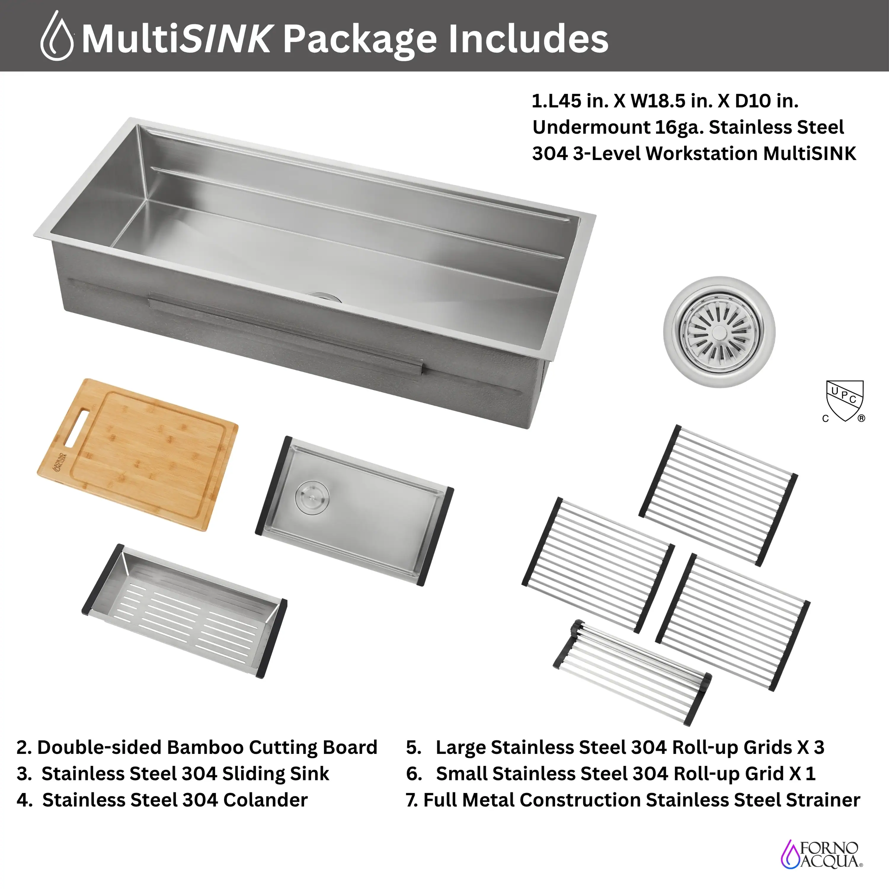 Forno Acqua 45-Inch Undermount 3-Level Workstation MultiSINK with Custom-Fit Accessories (JUXN70) - Image 9