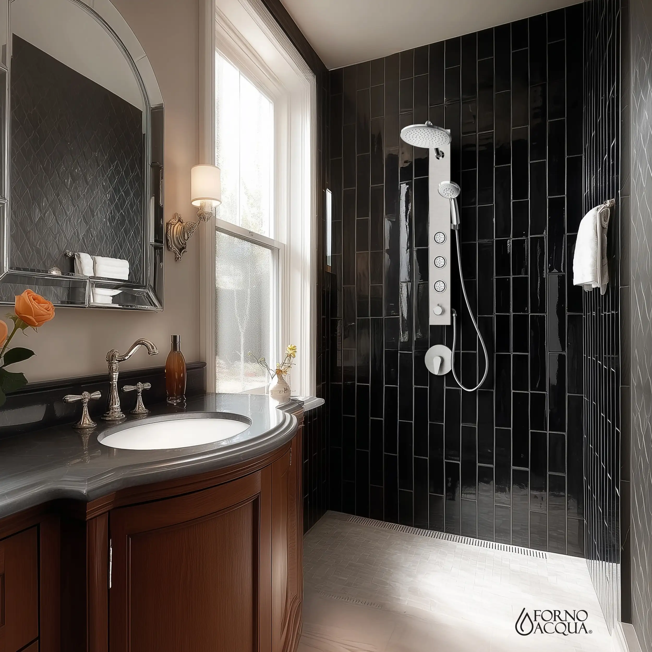 Forno Acqua Spa 9-Inch Overhead Rainfall Shower Panel with 2.5 GPM Flow Rate, Handheld, 6 Way Diverter, Body Jets in Stainless Steel (SL31BC-2) - Image 2