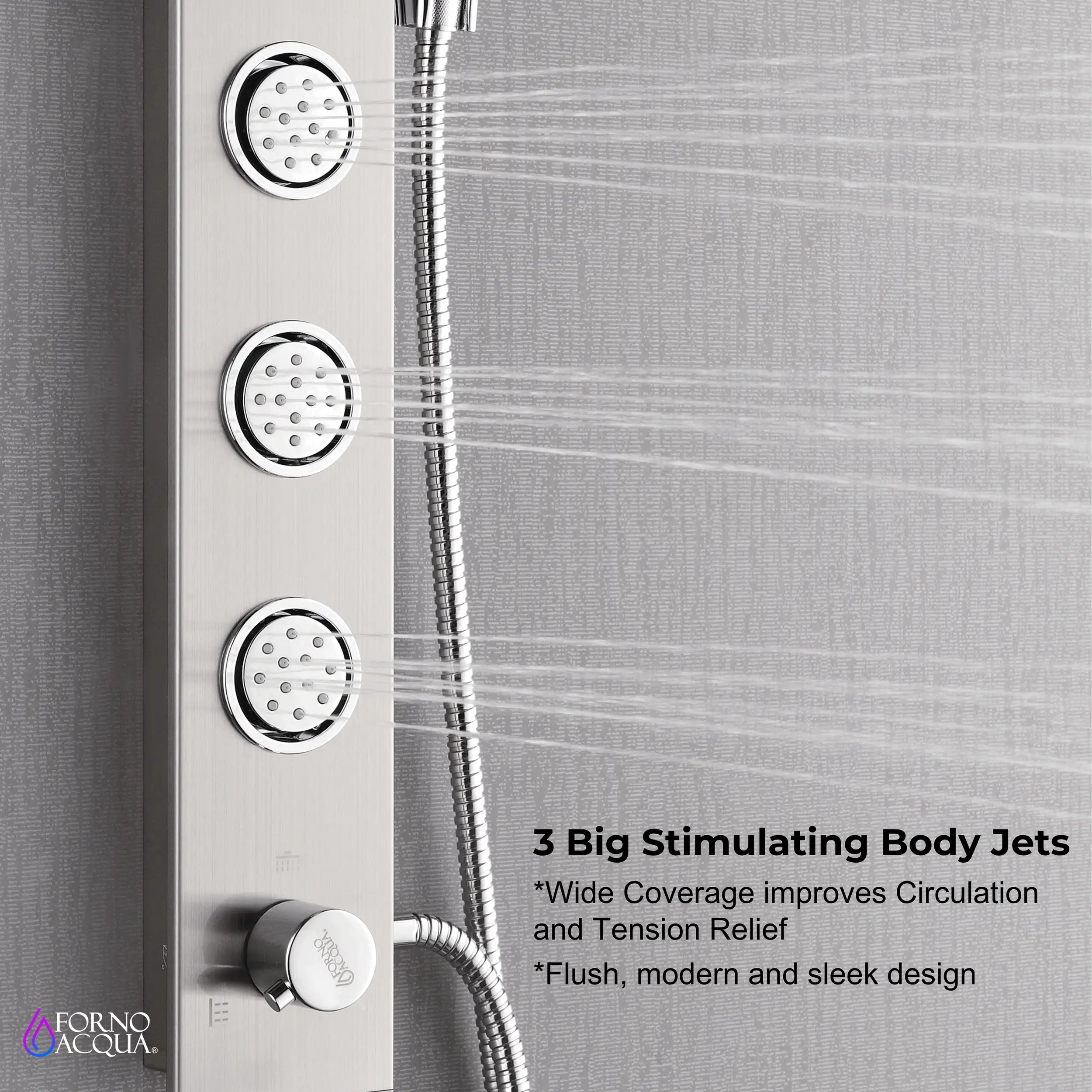 Forno Acqua Spa 9-Inch Overhead Rainfall Shower Panel with 2.5 GPM Flow Rate, Handheld, 6 Way Diverter, Body Jets in Stainless Steel (SL31BC-2) - Image 9