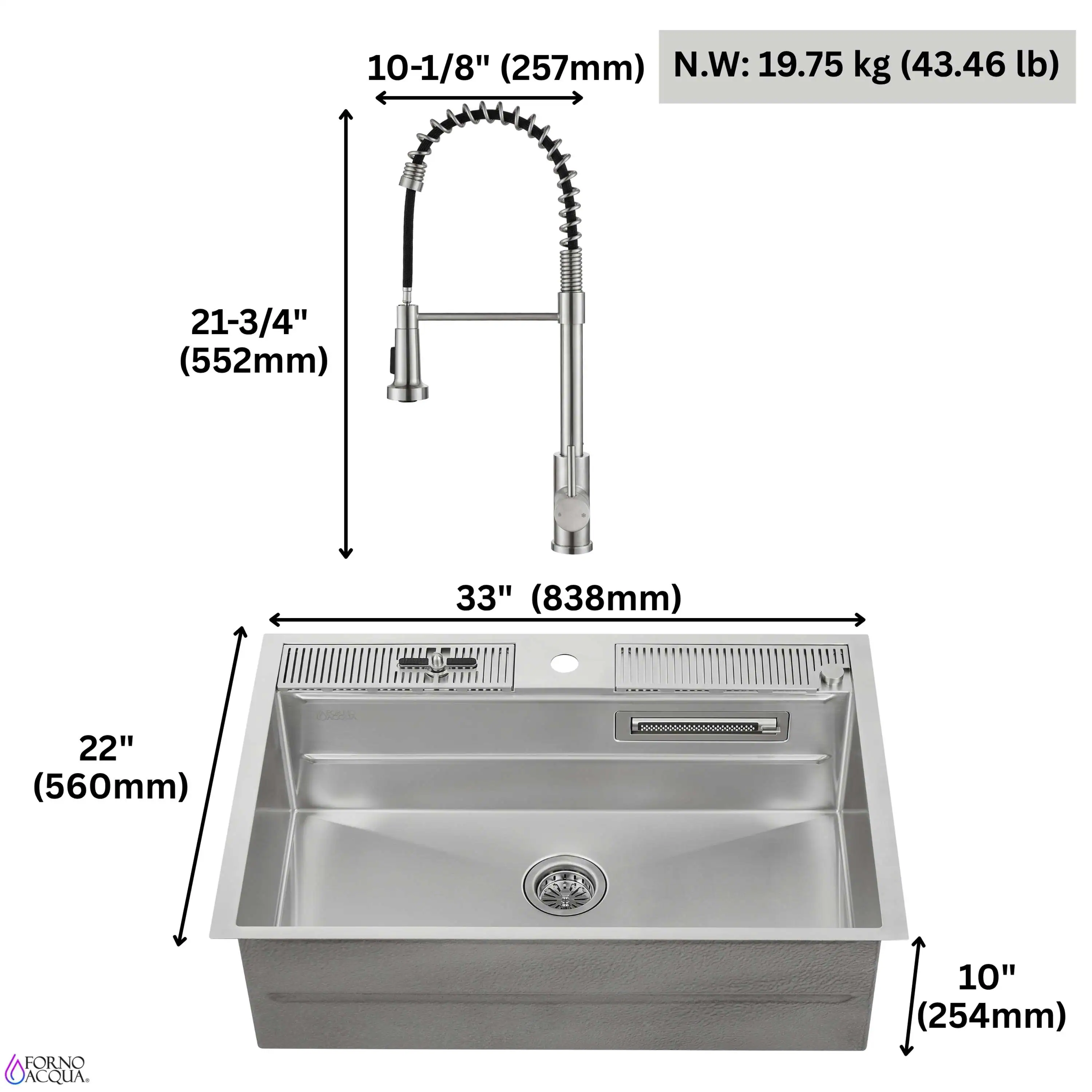 Forno Acqua 33-Inch MultiSink kit with Integrated Waterfall Rinsing and Glass Washing Station. Includes Chef Faucet and Accessories (D-WP31) - Image 13