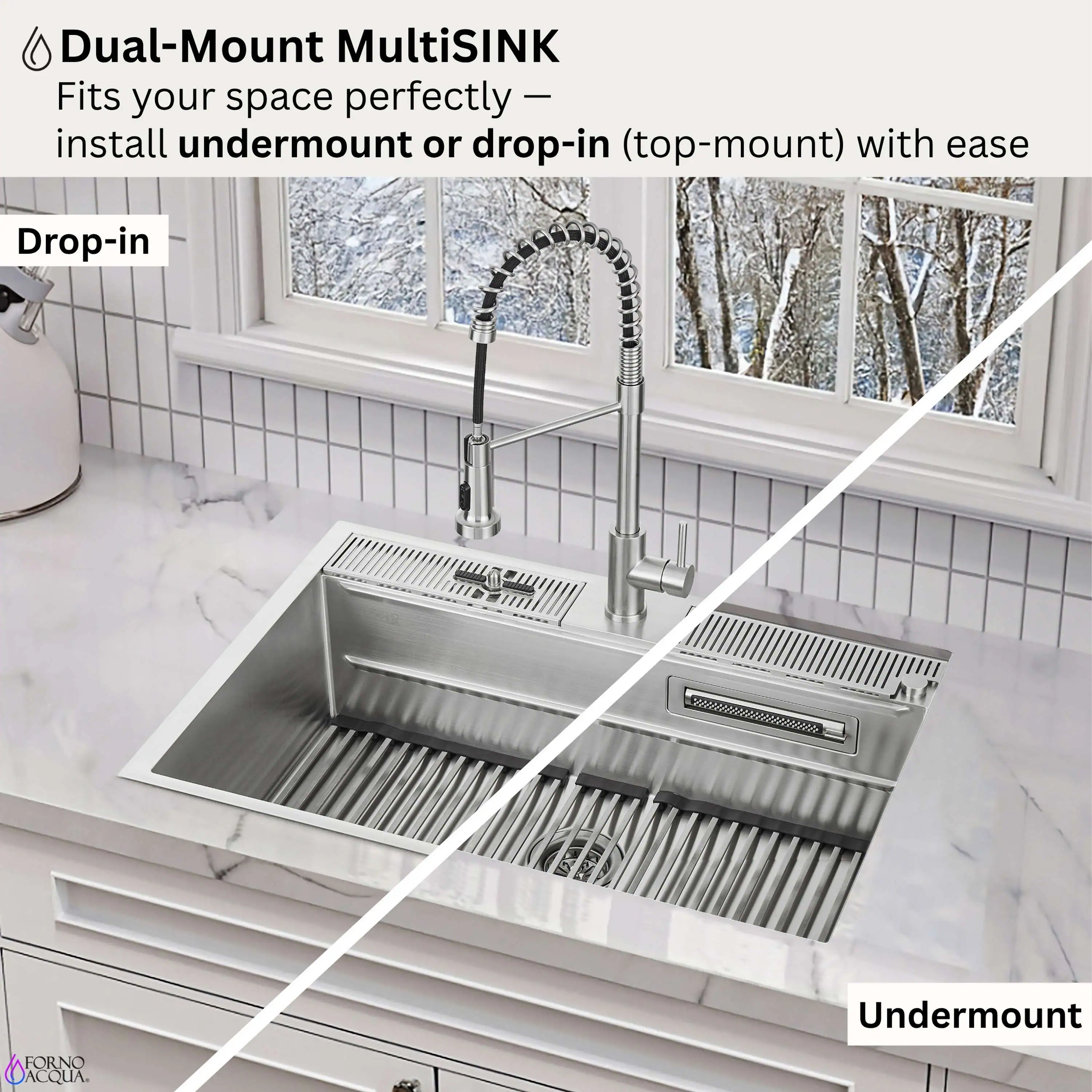 Forno Acqua 33-Inch MultiSink kit with Integrated Waterfall Rinsing and Glass Washing Station. Includes Chef Faucet and Accessories (D-WP31) - Image 2