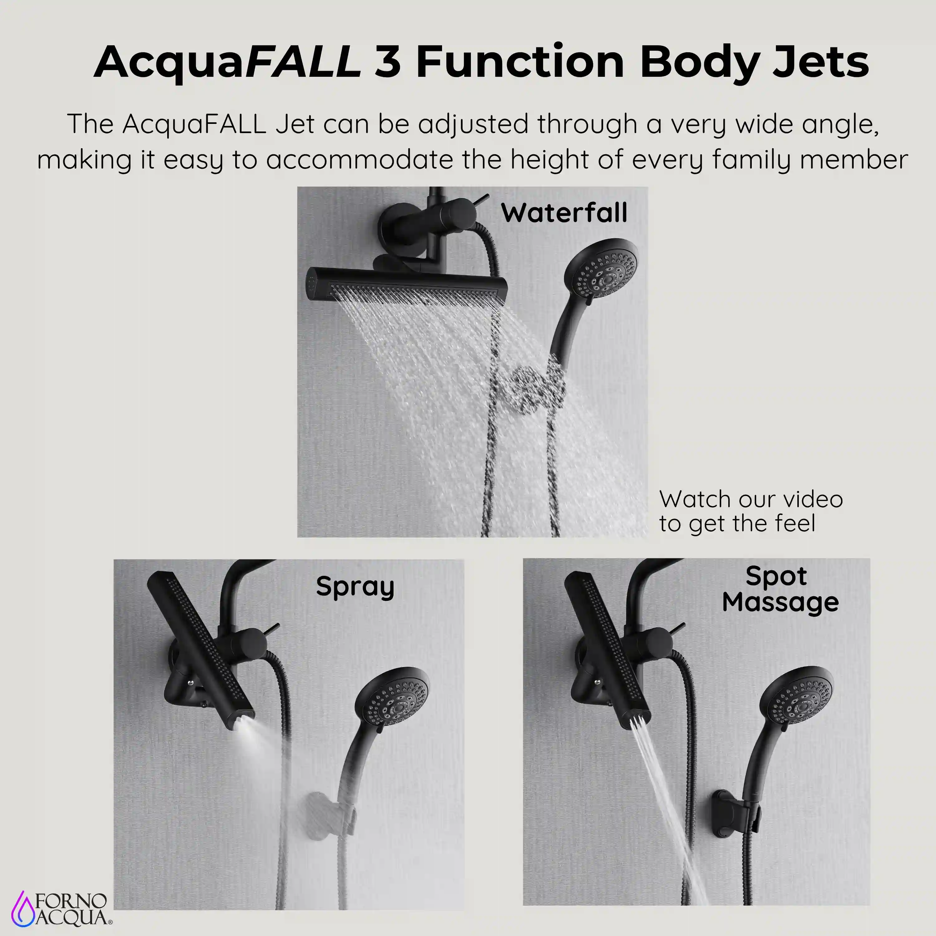 Forno Acqua Fall Mini 8-Inch Overhead Rainfall Shower with 2.5 GPM Flow Rate, Handheld, Body Jets in Matte Black Finish (SMW2BK-C2) - Image 6