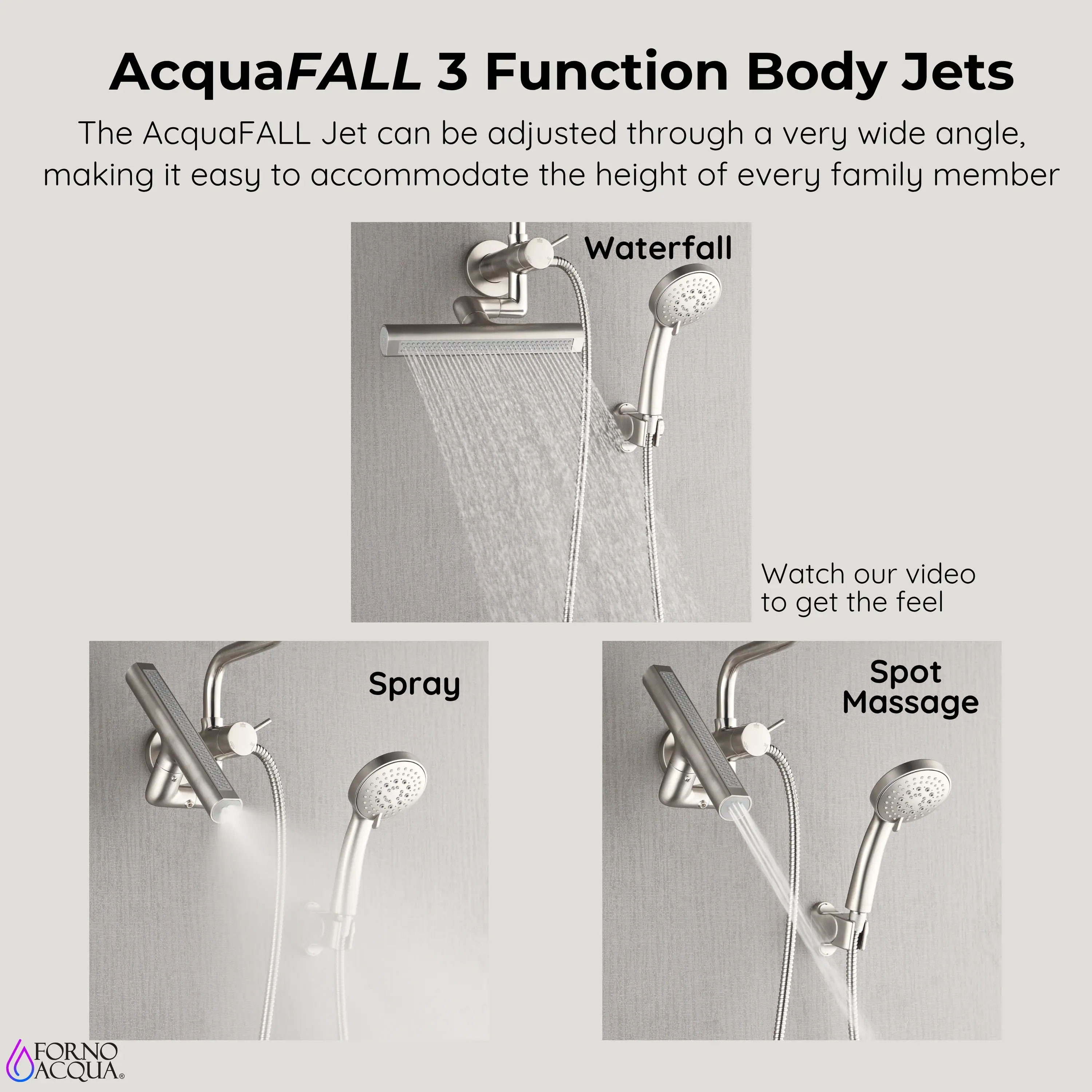 Forno Acqua Fall Mini 8-Inch Overhead Rainfall Shower with 1.8 GPM Flow Rate, Handheld, 7 Way Diverter, Body Jets in Brushed Nickel (SMW1BN-C8) - Image 6