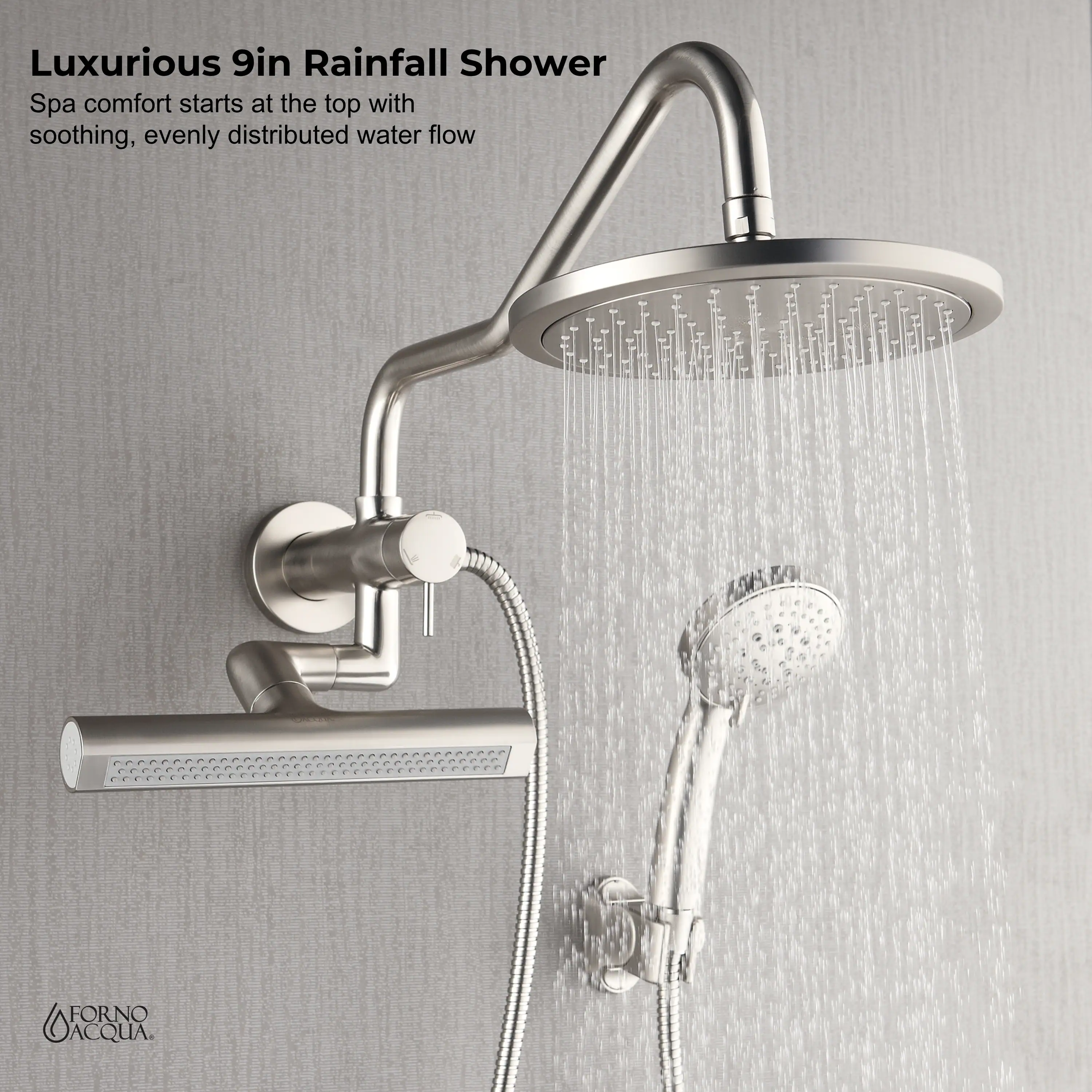 Forno Acqua Fall Mini 8-Inch Overhead Rainfall Shower with 1.8 GPM Flow Rate, Handheld, 7 Way Diverter, Body Jets in Brushed Nickel (SMW1BN-C8) - Image 8