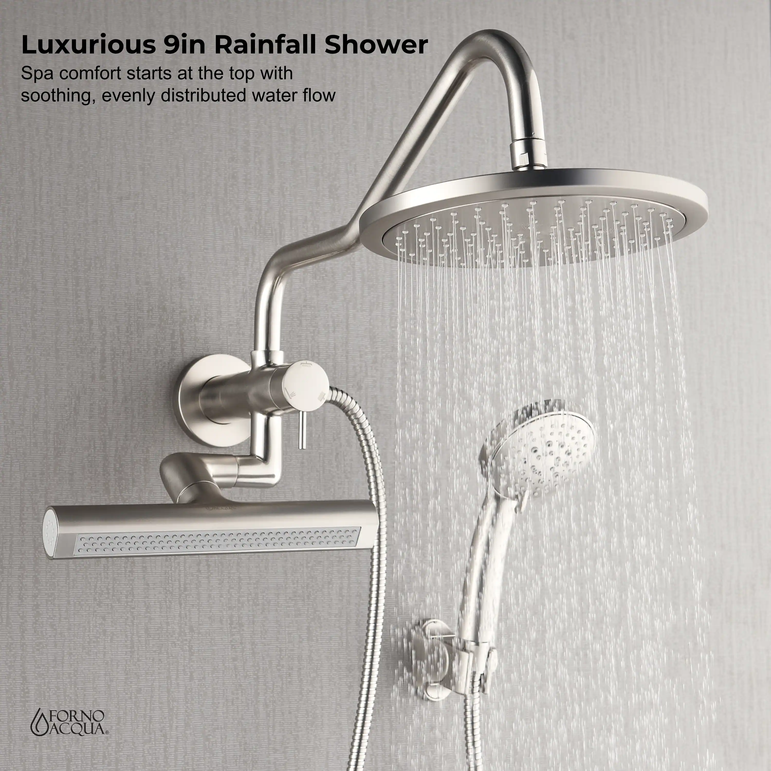 Forno Acqua Fall Mini 9-Inch Overhead Rainfall Shower with 2.5 GPM Flow Rate, Handheld, 7 Way Diverter, Body Jets in Brushed Nickel (SMW1BN-C2) - Image 9