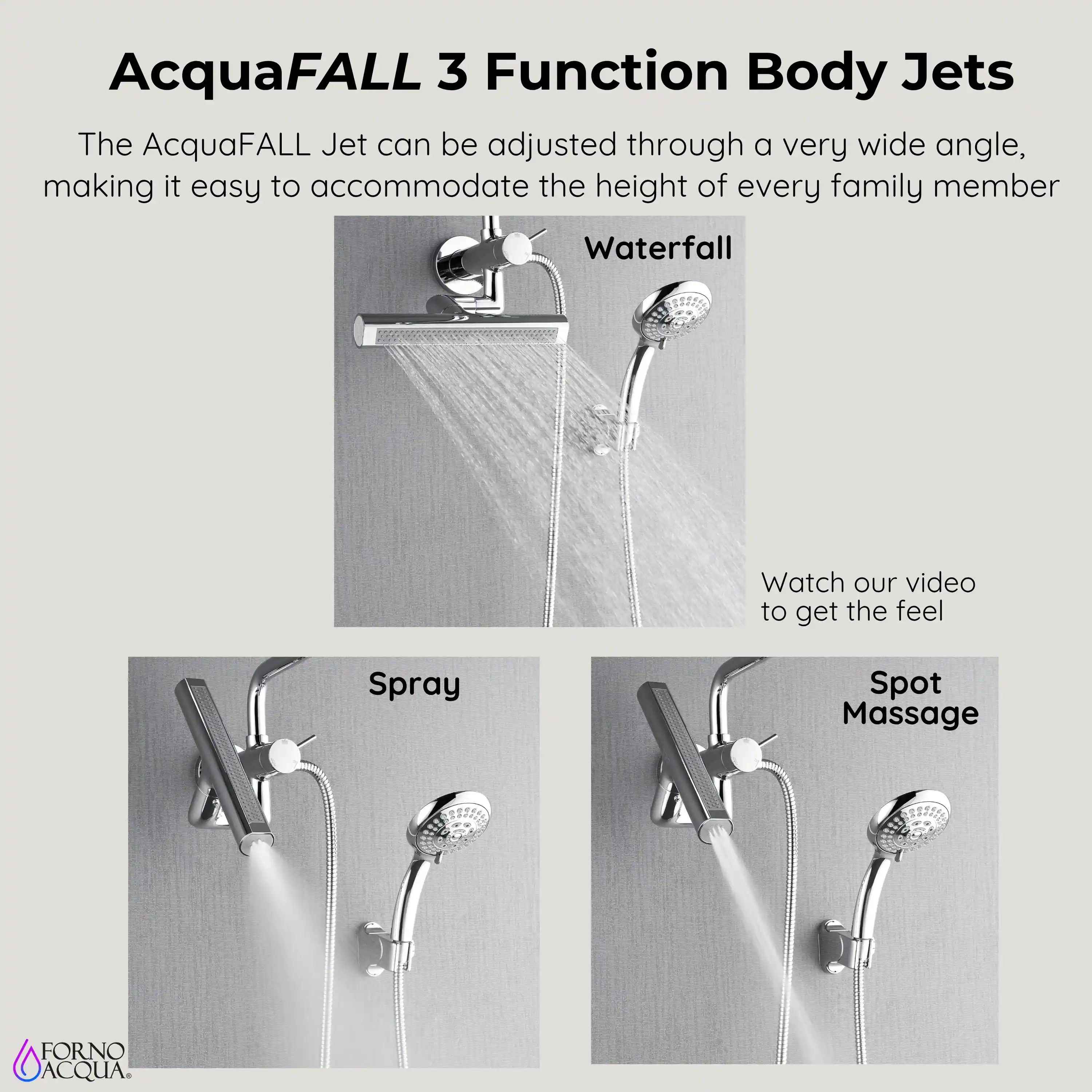 Forno Acqua Fall Mini 9-Inch Overhead Rainfall Shower with 1.8 GPM Flow Rate, Handheld, 7 Way Diverter, Body Jets in Polished Stainless Steel (SMW1CP-C8) - Image 10