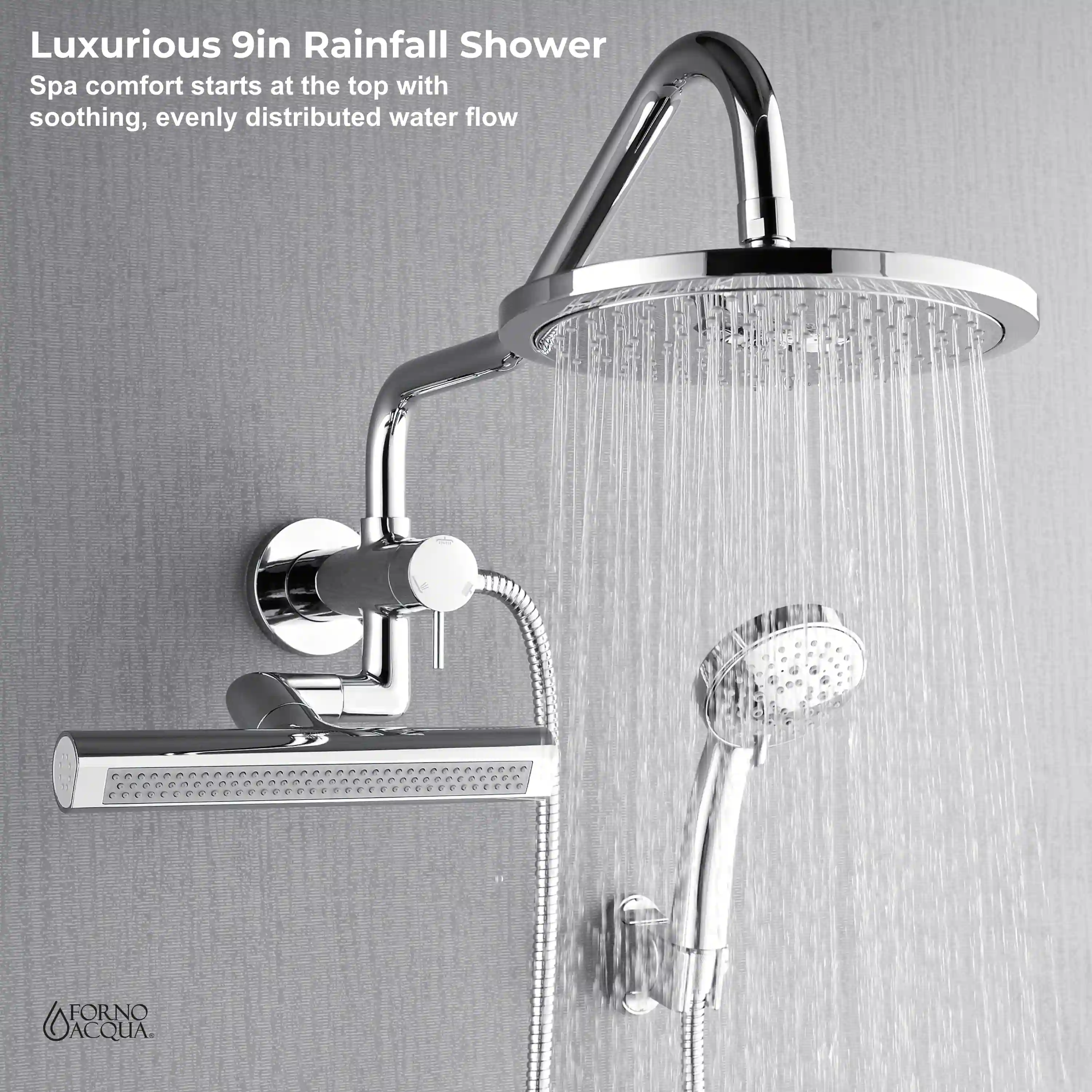 Forno Acqua Fall Mini 9-Inch Overhead Rainfall Shower with 2.5 GPM Flow Rate, Handheld, 7 Way Diverter, Body Jets in Polished Stainless Steel (SMW1CP-C2) - Image 6