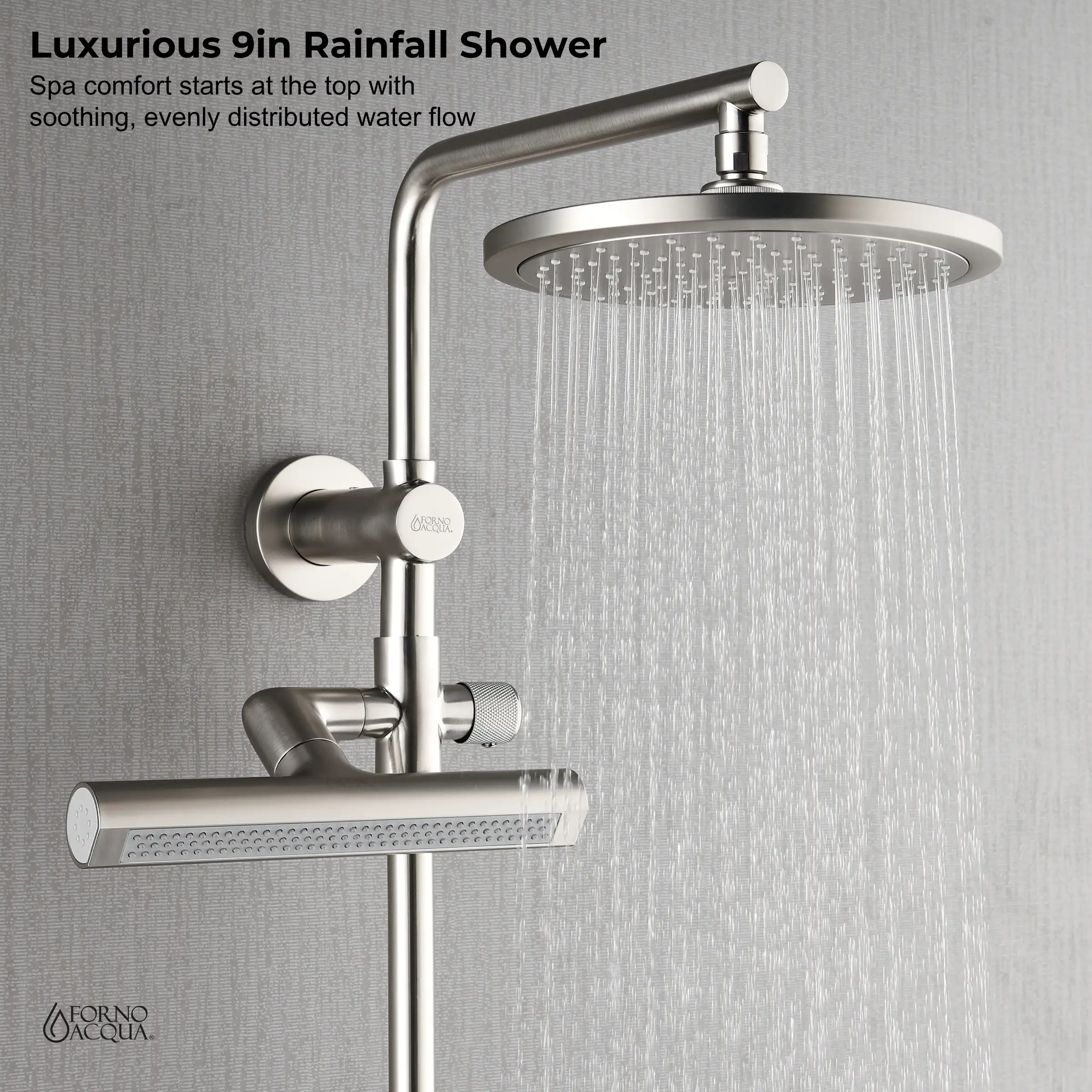 Forno Acqua Fall 9-Inch Overhead Rainfall Shower with 1.8 GPM Flow Rate, Handheld, Body Jets in Brushed Nickel Finish (SCW1BN-S8) - Image 3