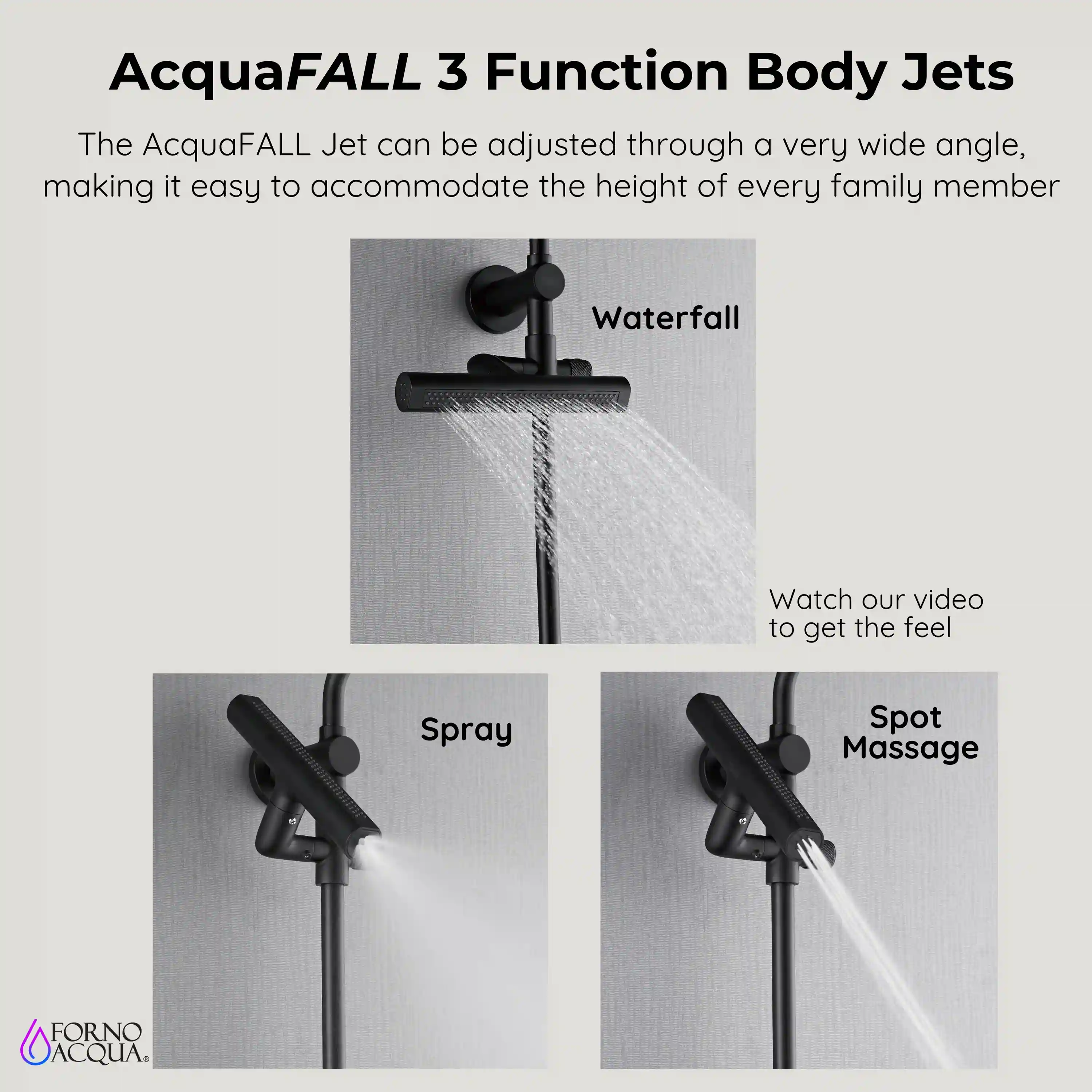 Forno Acqua Fall 8-Inch Overhead Rainfall Shower with 1.8 GPM Flow Rate, Handheld, 7 Way Diverter, Body Jets in Matte Black (SCW2BK-C8) - Image 12