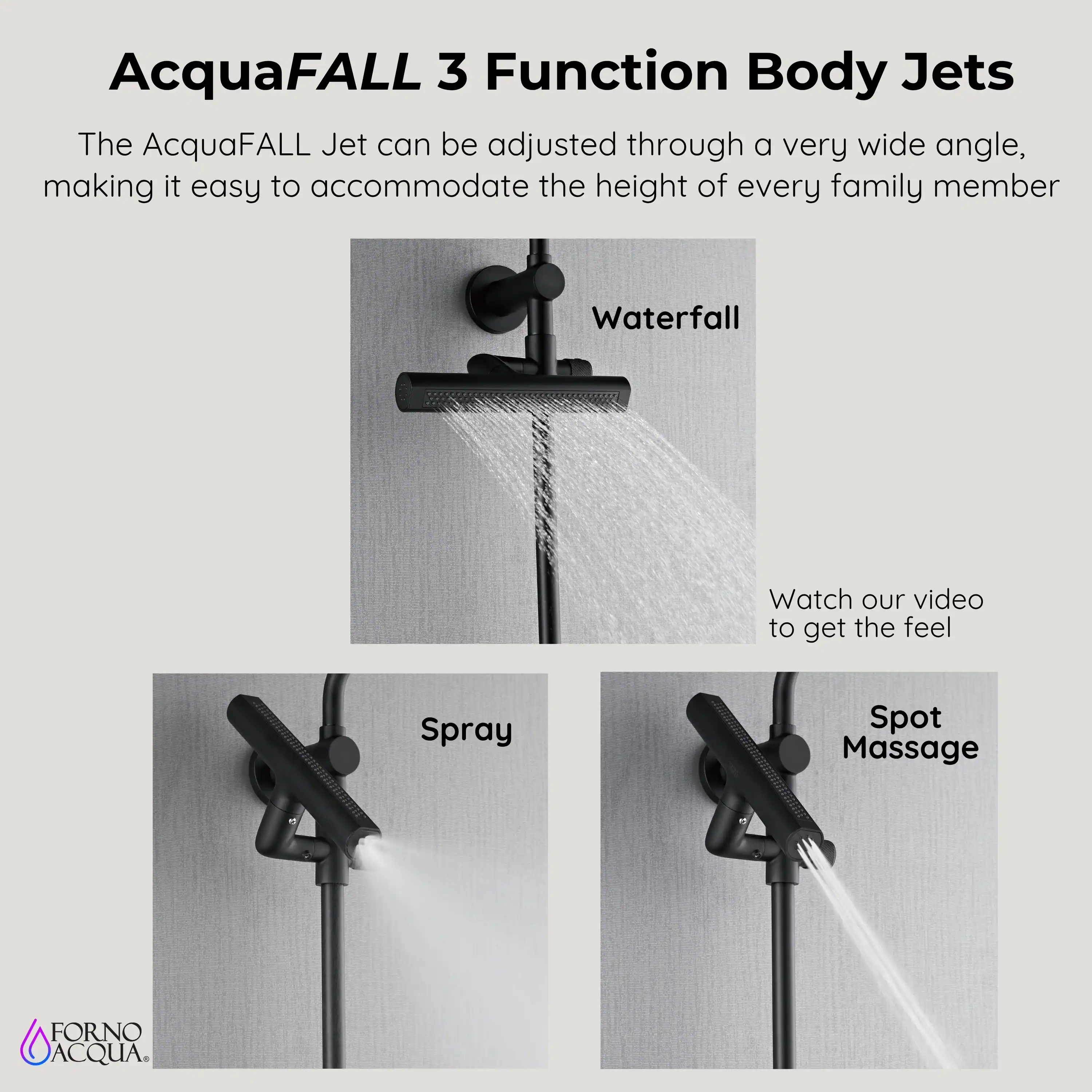 Forno Acqua Fall 8-Inch Overhead Rainfall Shower with 2.5 GPM Flow Rate, Handheld, 7 Way Diverter, Body Jets in Matte Black (SCW2BK-C2) - Image 11