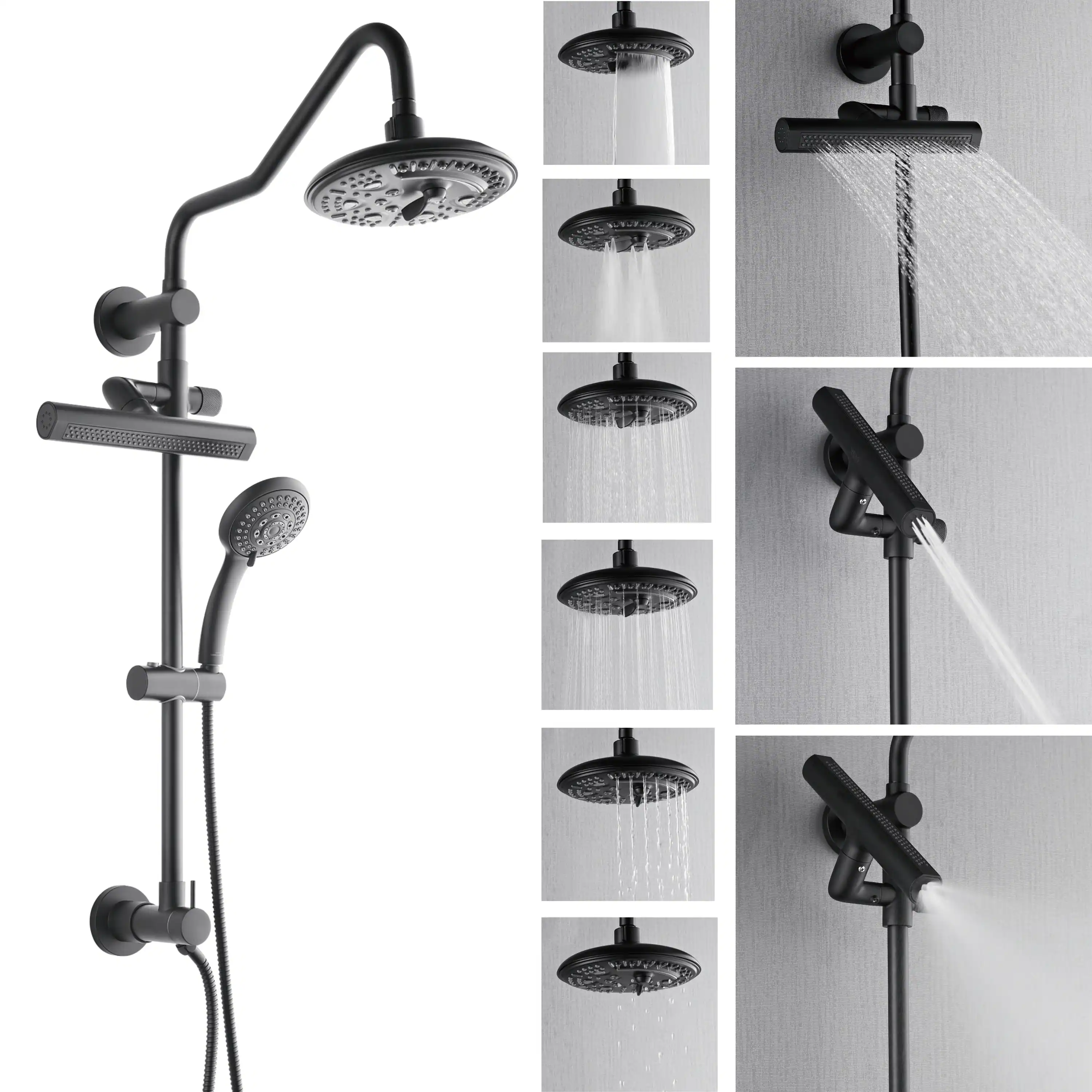 Forno Acqua Fall 8-Inch Overhead Rainfall Shower with 2.5 GPM Flow Rate, Handheld, 7 Way Diverter, Body Jets in Matte Black (SCW2BK-C2) - Image 13