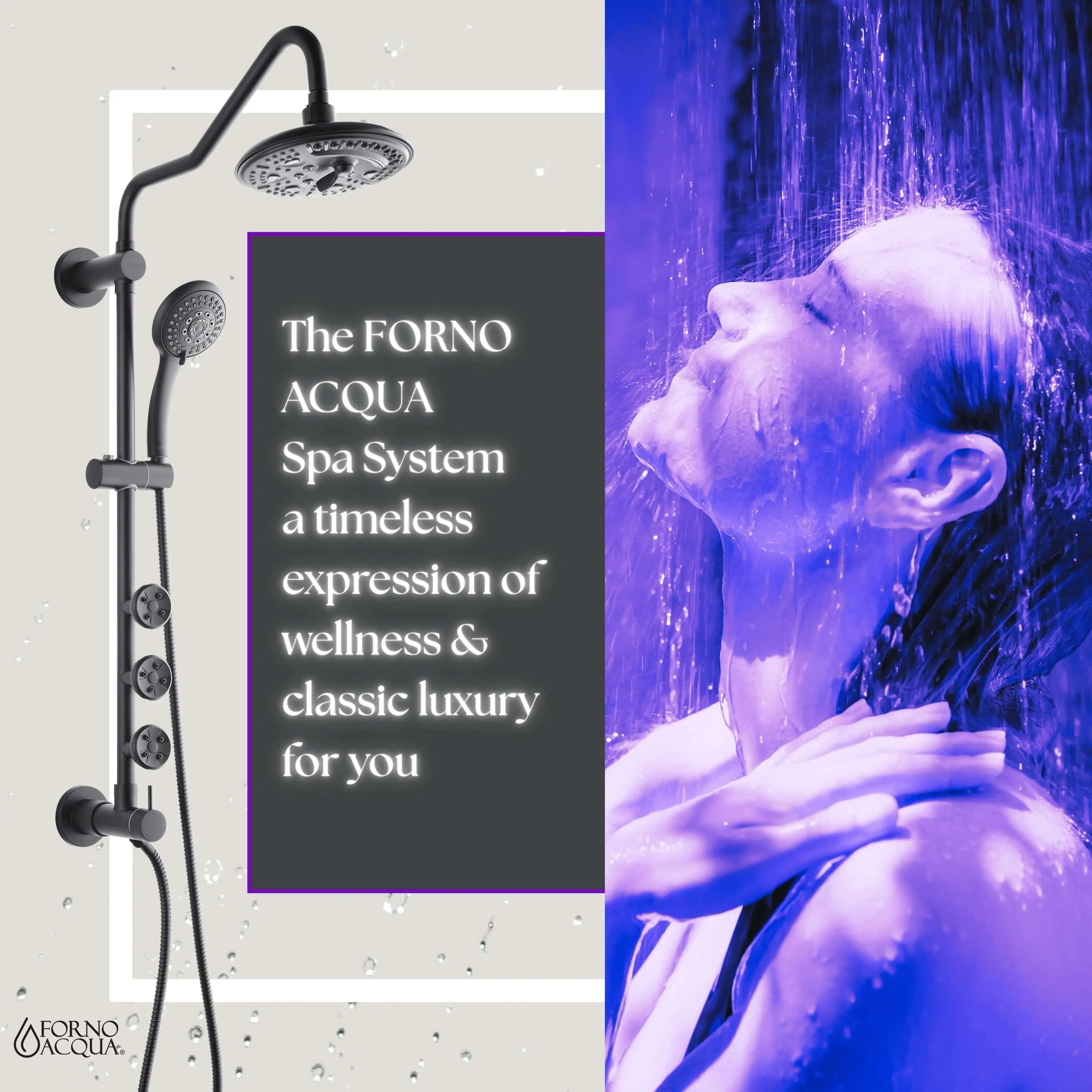 Forno Acqua Spa Retrofit 8-Inch Overhead Rainfall Shower with 2.5 GPM Flow Rate, Handheld, Body Jets, 6 Way Diverter in Matte Black (SC32BK-C2) - Image 11