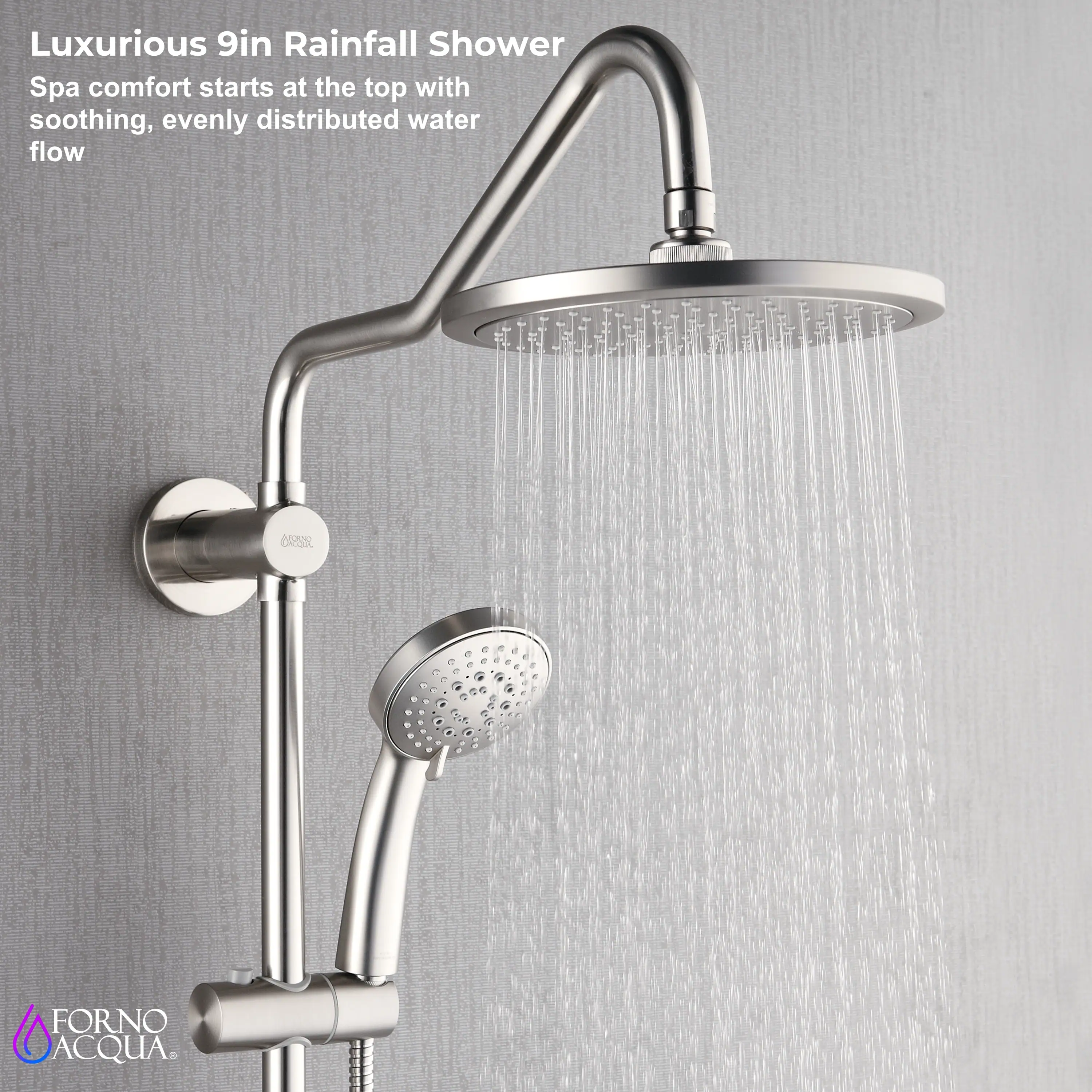Forno Acqua Spa Retrofit 9-Inch Overhead Rainfall  Shower with 1.8 GPM Flow Rate, Handheld, Body Jets, 6 Way Diverter in Brushed Nickel (SC31BN-C8) - Image 10