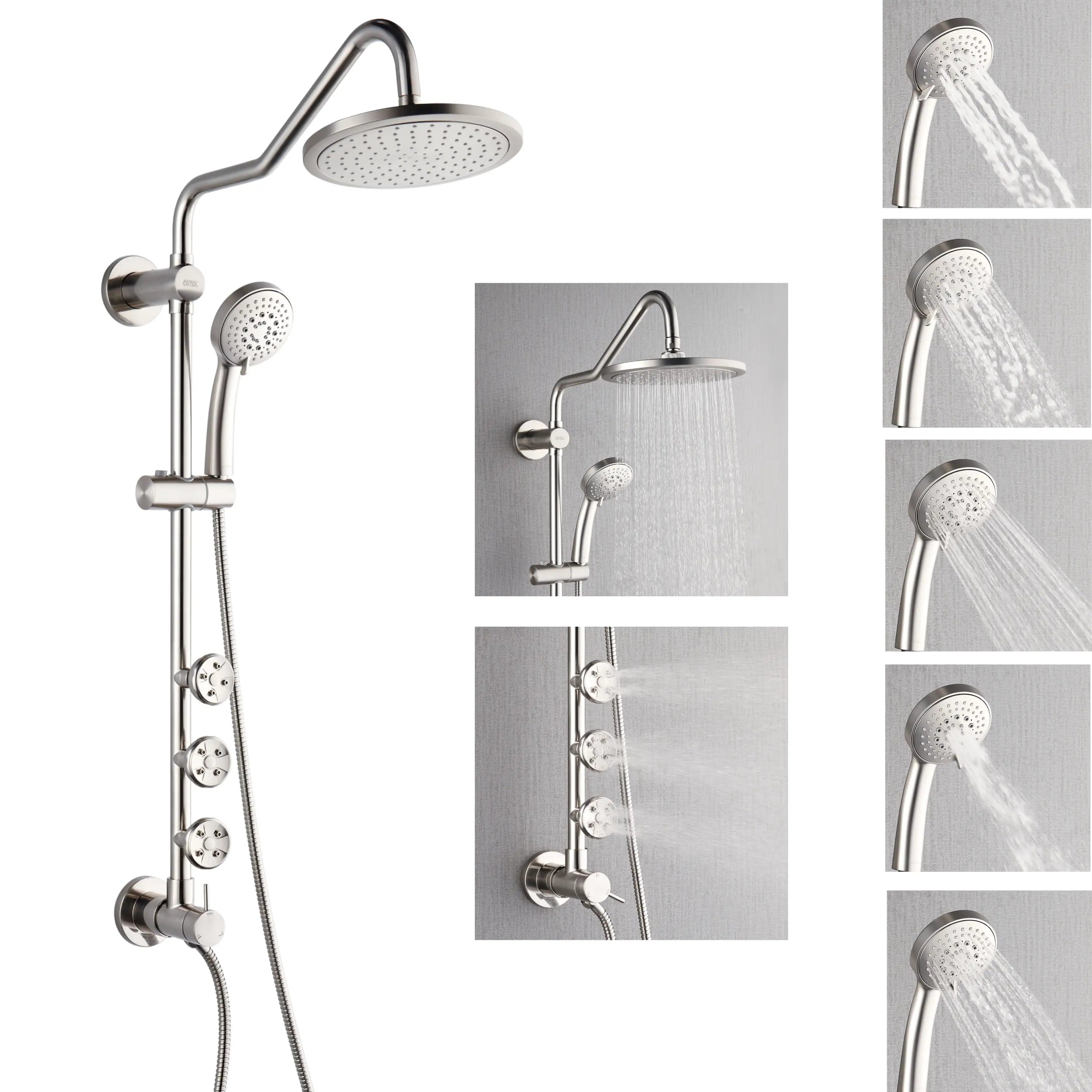 Forno Acqua Spa Retrofit 9-Inch Overhead Rainfall  Shower with 1.8 GPM Flow Rate, Handheld, Body Jets, 6 Way Diverter in Brushed Nickel (SC31BN-C8) - Image 7