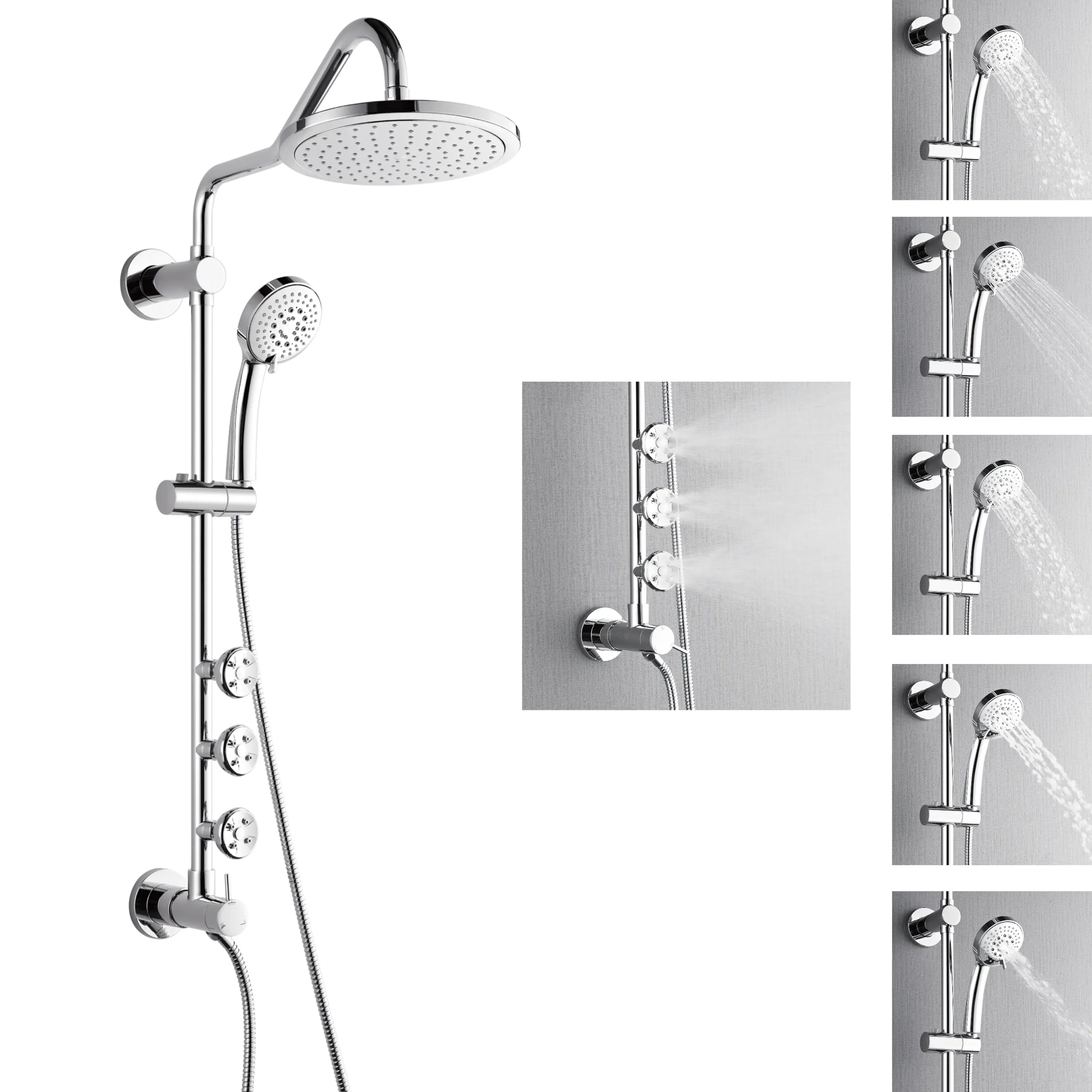Forno Acqua Spa Retrofit 9-Inch Overhead Rainfall Shower with 2.5 GPM Flow Rate, Handheld, Body Jets, 6 Way Diverter in Polished Stainless Steel (SC31CP-C2) - Image 7