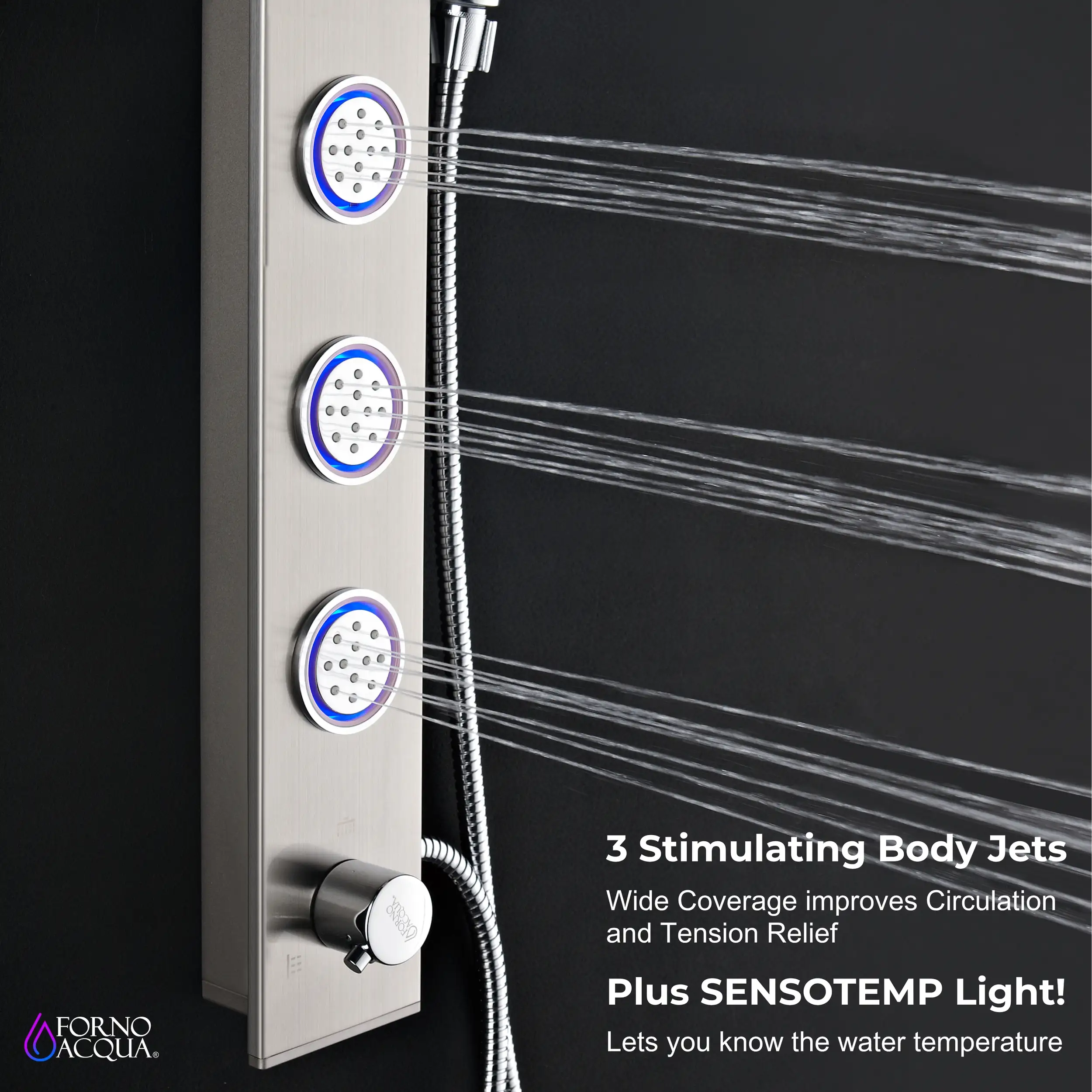Forno Acqua Spa 9-Inch Overhead Rainfall Shower Panel with 1.8 GPM Flow Rate and SensoTemp, Handheld, Body Jets in Stainless Steel (SL31BC-L8) - Image 10