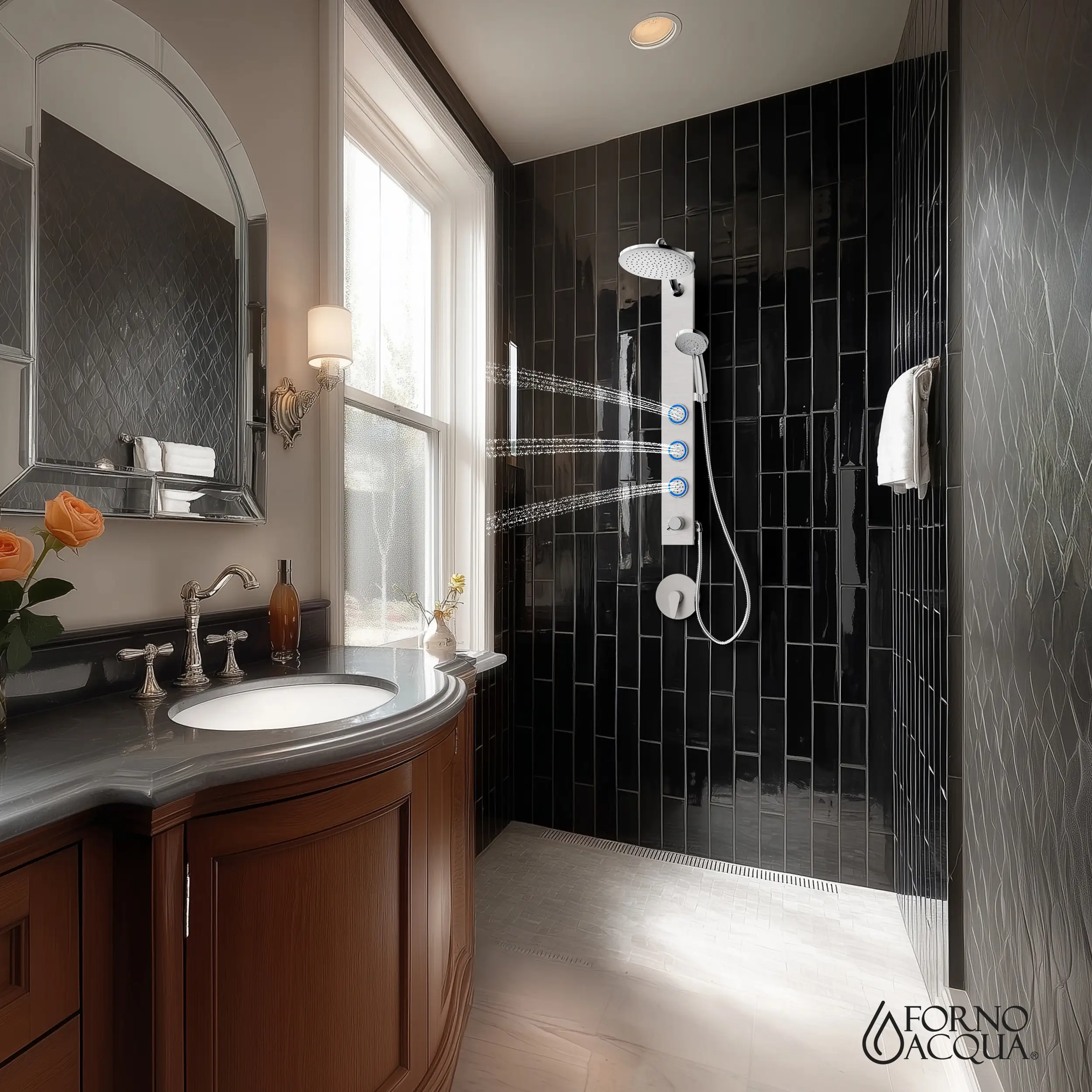 Forno Acqua Spa 9-Inch Overhead Rainfall Shower Panel with 1.8 GPM Flow Rate and SensoTemp, Handheld, Body Jets in Stainless Steel (SL31BC-L8) - Image 2