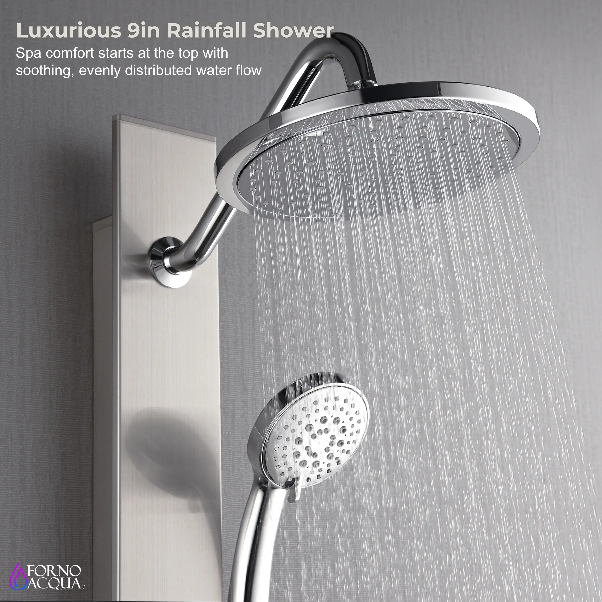 Forno Acqua Spa 9-Inch Overhead Rainfall Shower Panel with 1.8 GPM Flow Rate and SensoTemp, Handheld, Body Jets in Stainless Steel (SL31BC-L8) - Image 3