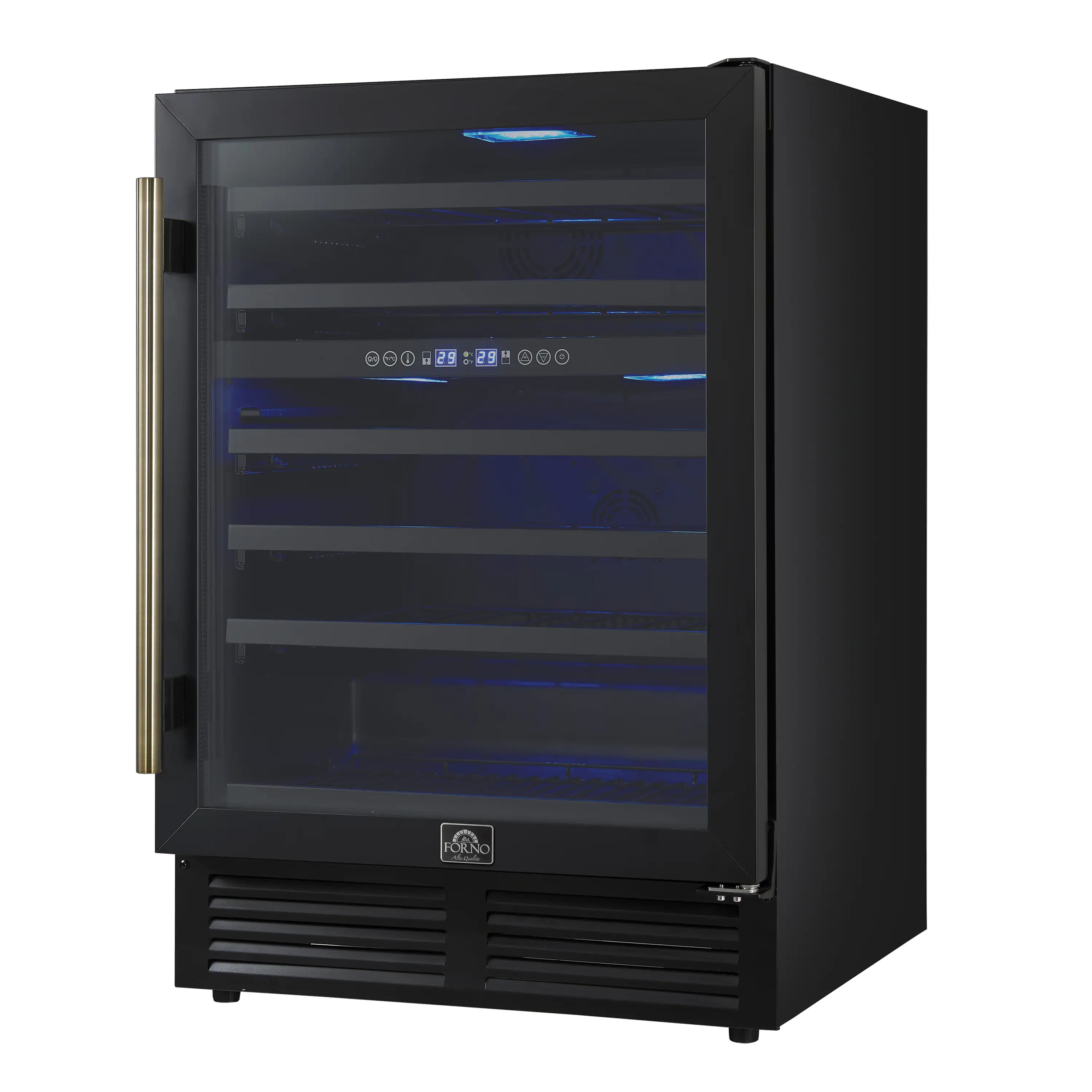 Forno Bachino 24-Inch Wine Cooler in Black with Antique Brass Handle, with LED Lighting, Triple Glass Door, & 51 Bottle Capacity (FWCDR6634-24BLK) - Image 3