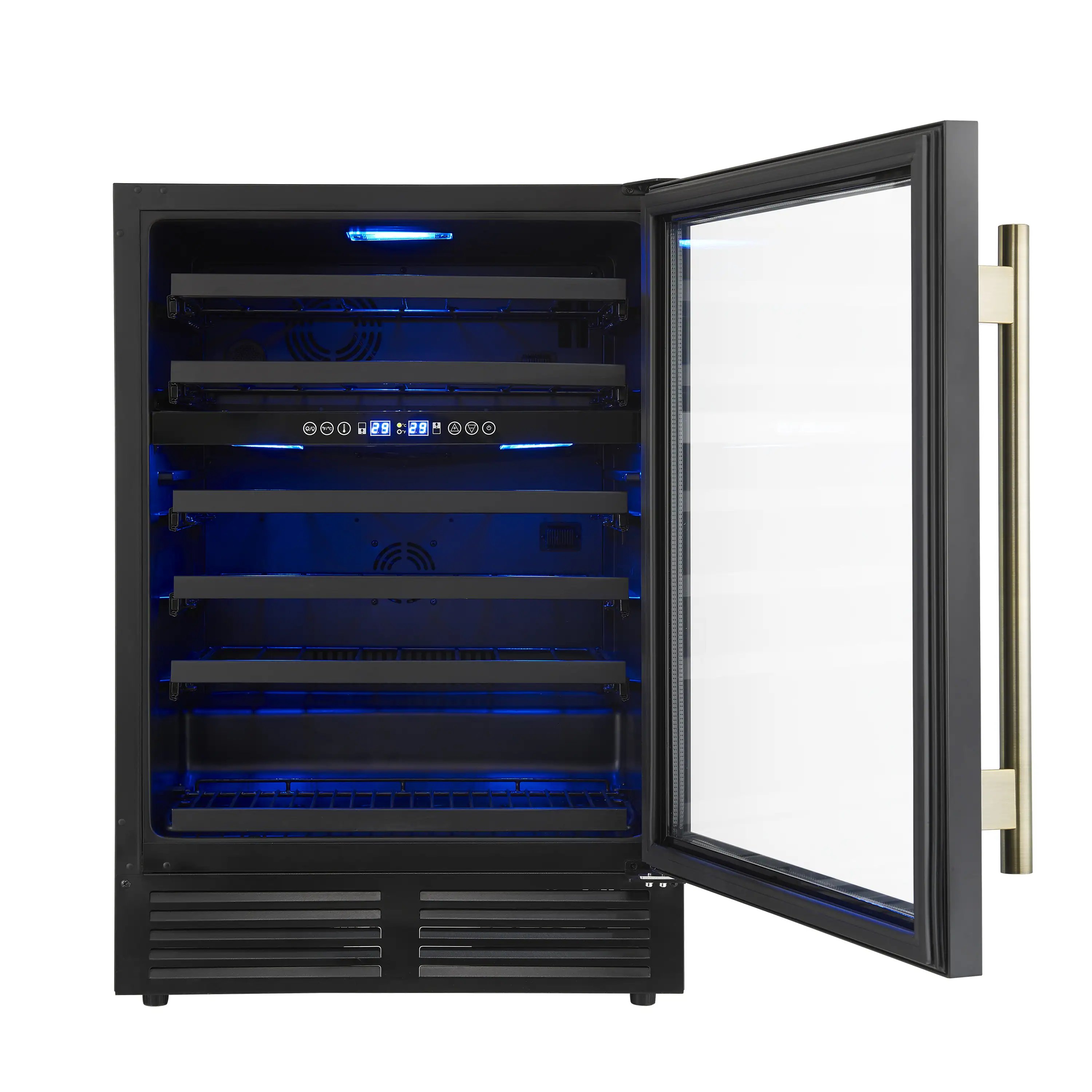 Forno Bachino 24-Inch Wine Cooler in Black with Antique Brass Handle, with LED Lighting, Triple Glass Door, & 51 Bottle Capacity (FWCDR6634-24BLK) - Image 4