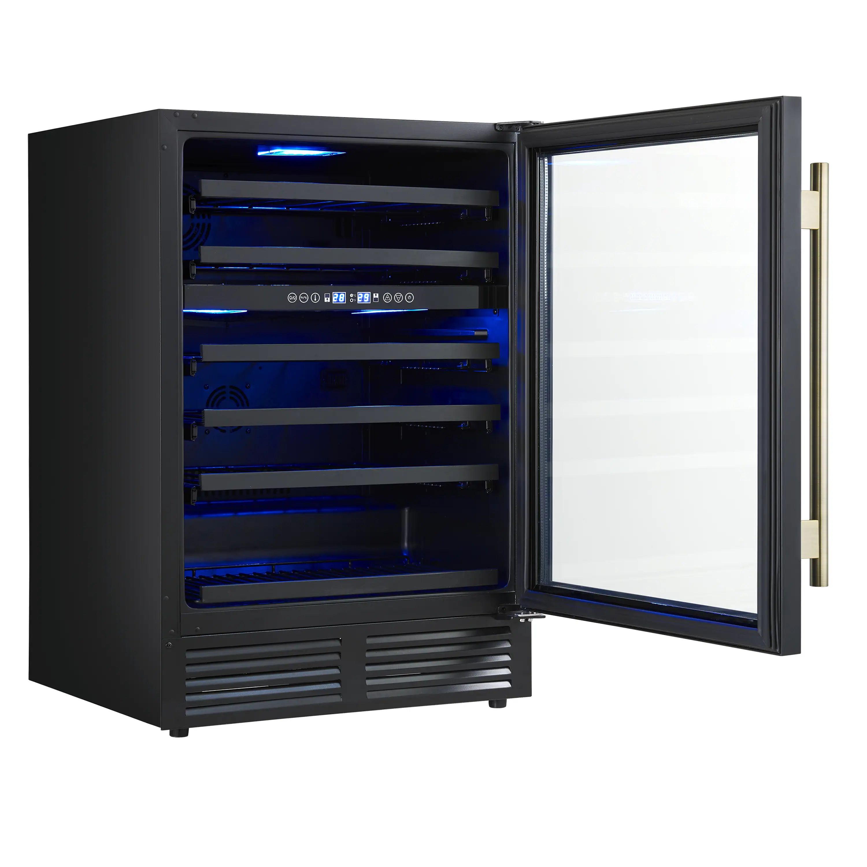 Forno Bachino 24-Inch Wine Cooler in Black with Antique Brass Handle, with LED Lighting, Triple Glass Door, & 51 Bottle Capacity (FWCDR6634-24BLK) - Image 5