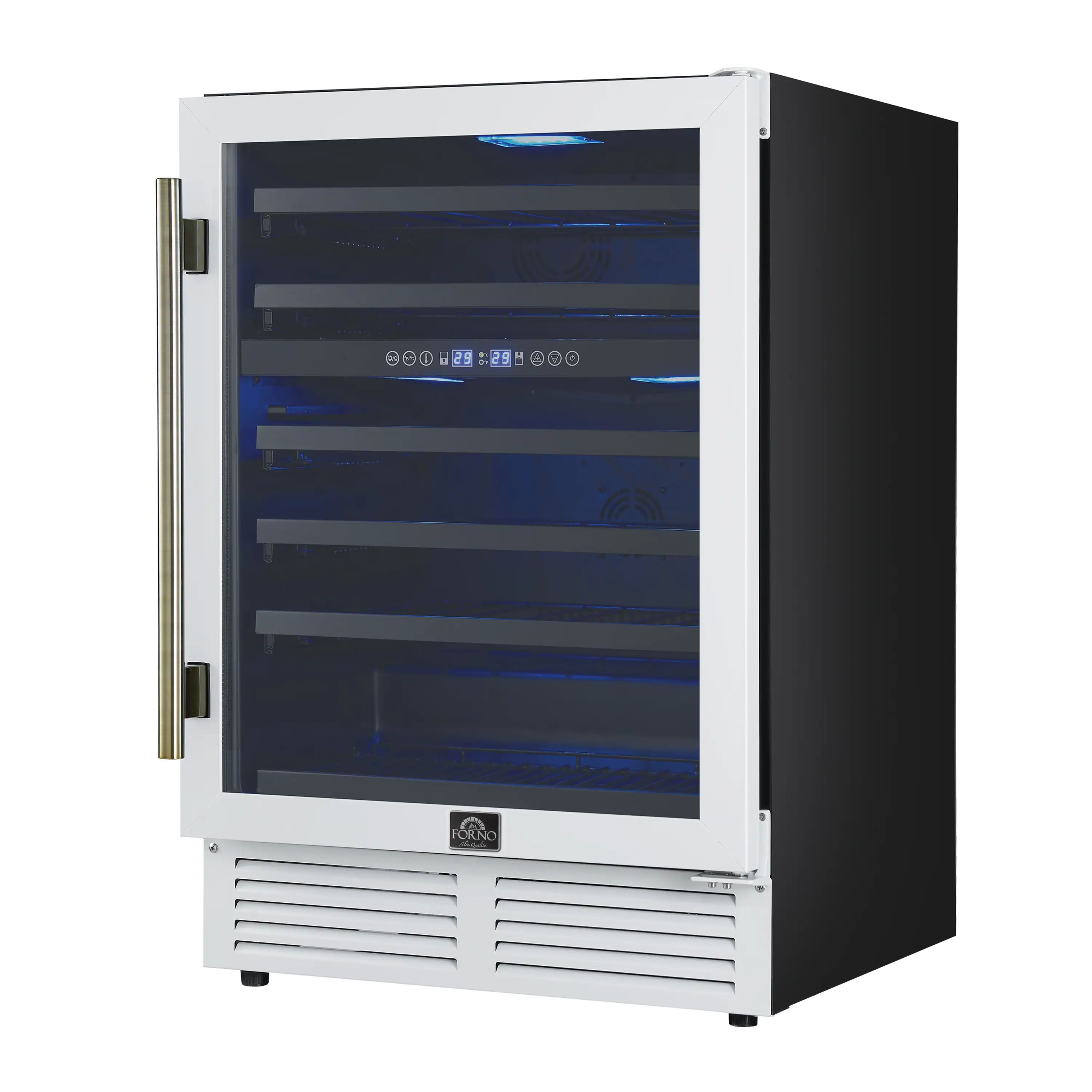 Forno Bachino 24-Inch Wine Cooler in White with Antique Brass Handle, with LED Lighting, Triple Glass Door, & 51 Bottle Capacity (FWCDR6634-24WHT) - Image 3