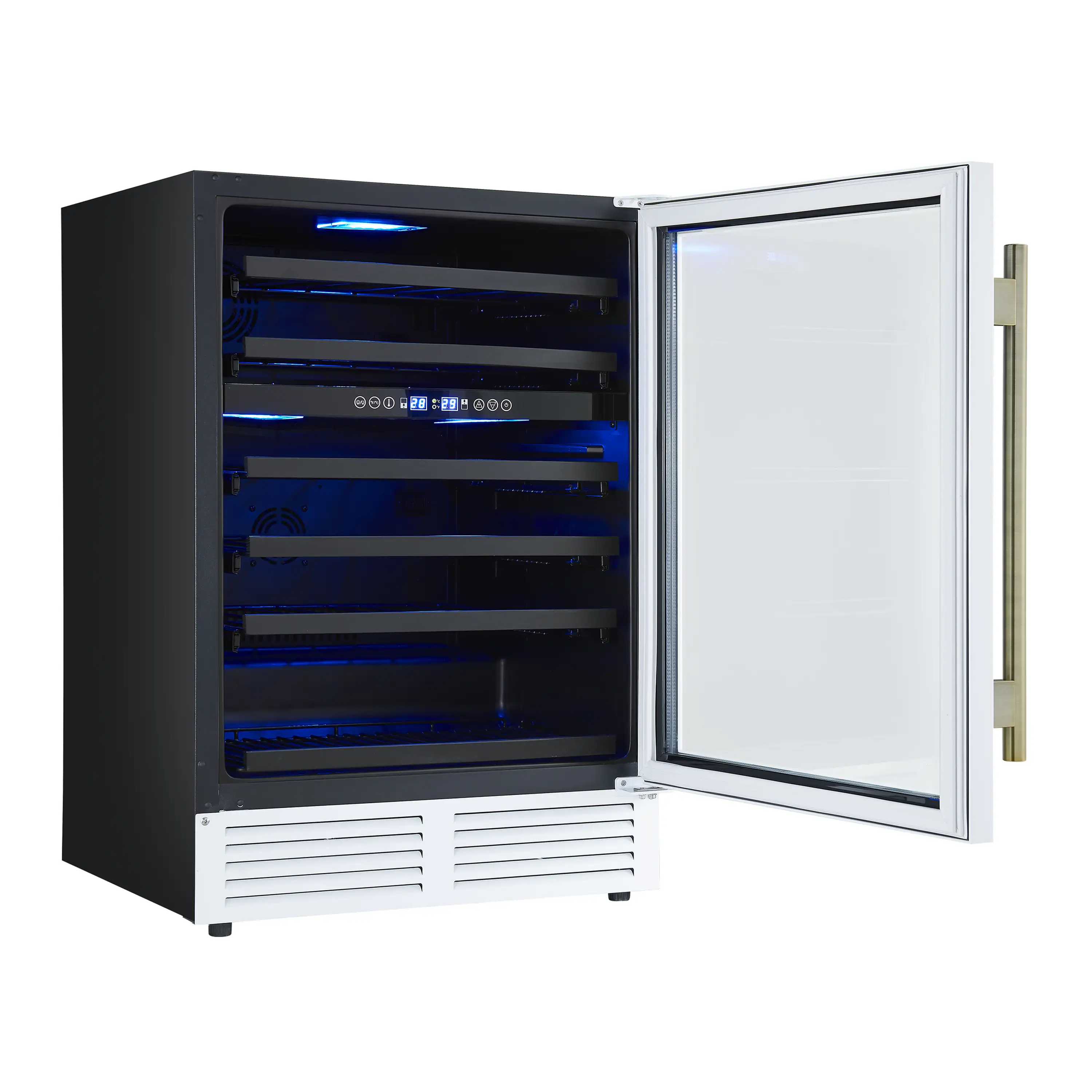 Forno Bachino 24-Inch Wine Cooler in White with Antique Brass Handle, with LED Lighting, Triple Glass Door, & 51 Bottle Capacity (FWCDR6634-24WHT) - Image 4
