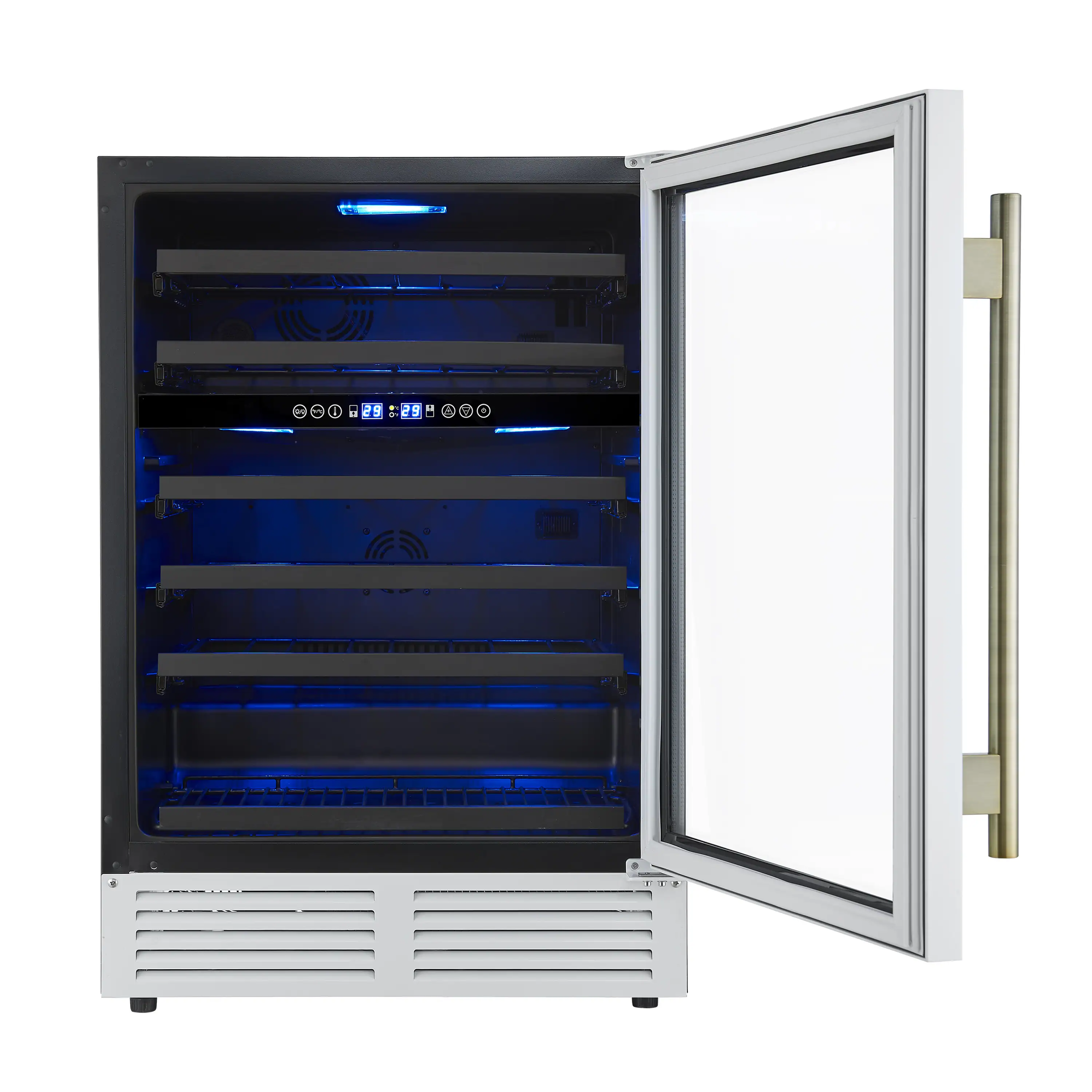 Forno Bachino 24-Inch Wine Cooler in White with Antique Brass Handle, with LED Lighting, Triple Glass Door, & 51 Bottle Capacity (FWCDR6634-24WHT) - Image 5